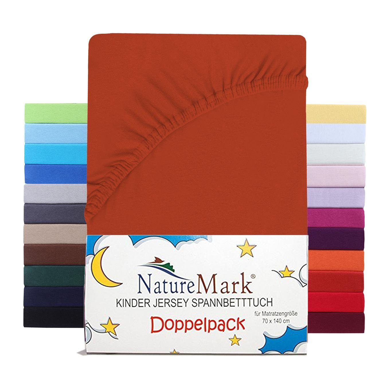 NatureMark Spannbettlaken Jersey Spannbetttuch, 100% Baumwolle, Gummizug: rundum, (2 Stück), Kinder Spannbetttuch, für Baby-/Kinderbett, 70x140 cm, Rost rot