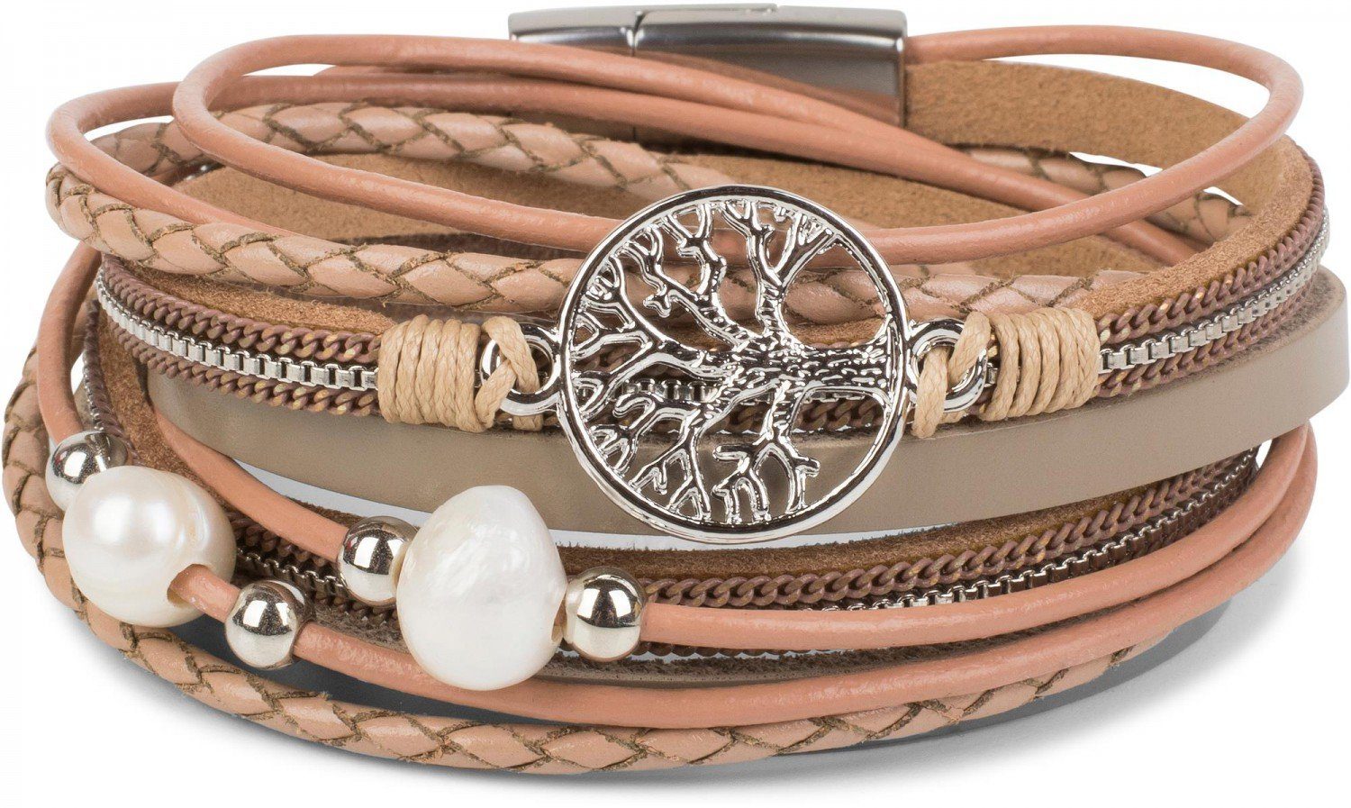 styleBREAKER Wickelarmband (1-tlg), Wickelarmband mit Perlen, Kette & Lebensbaum