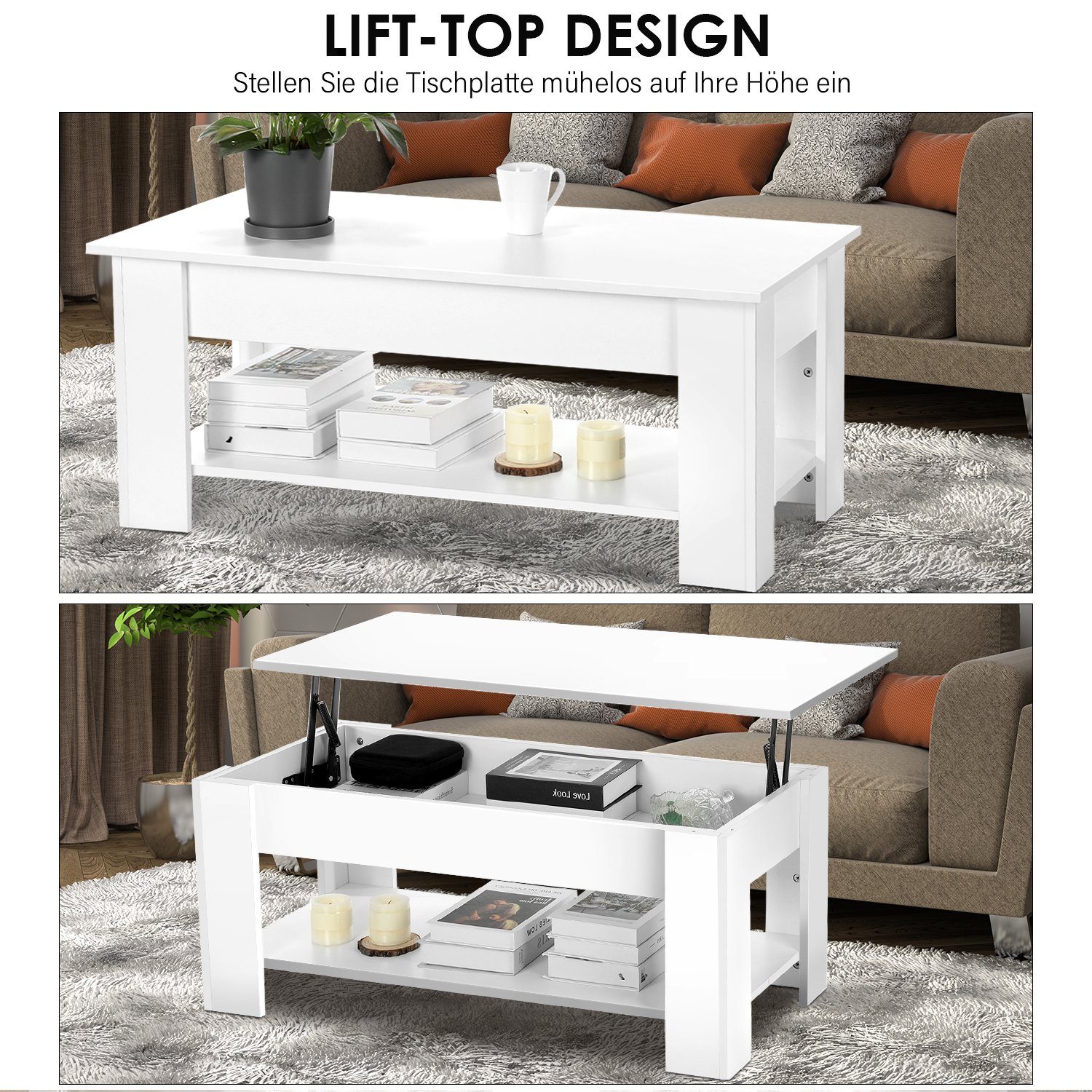 oyajia Couchtisch Couchtisch mit höhenverstellbarer Platte 100cm, Ausziehbarer Sofatisch, Modern Weiß Kaffeetisch für Studie, Büro, Wohnzimmertisch, Empfangraum – Bild 4 von 5