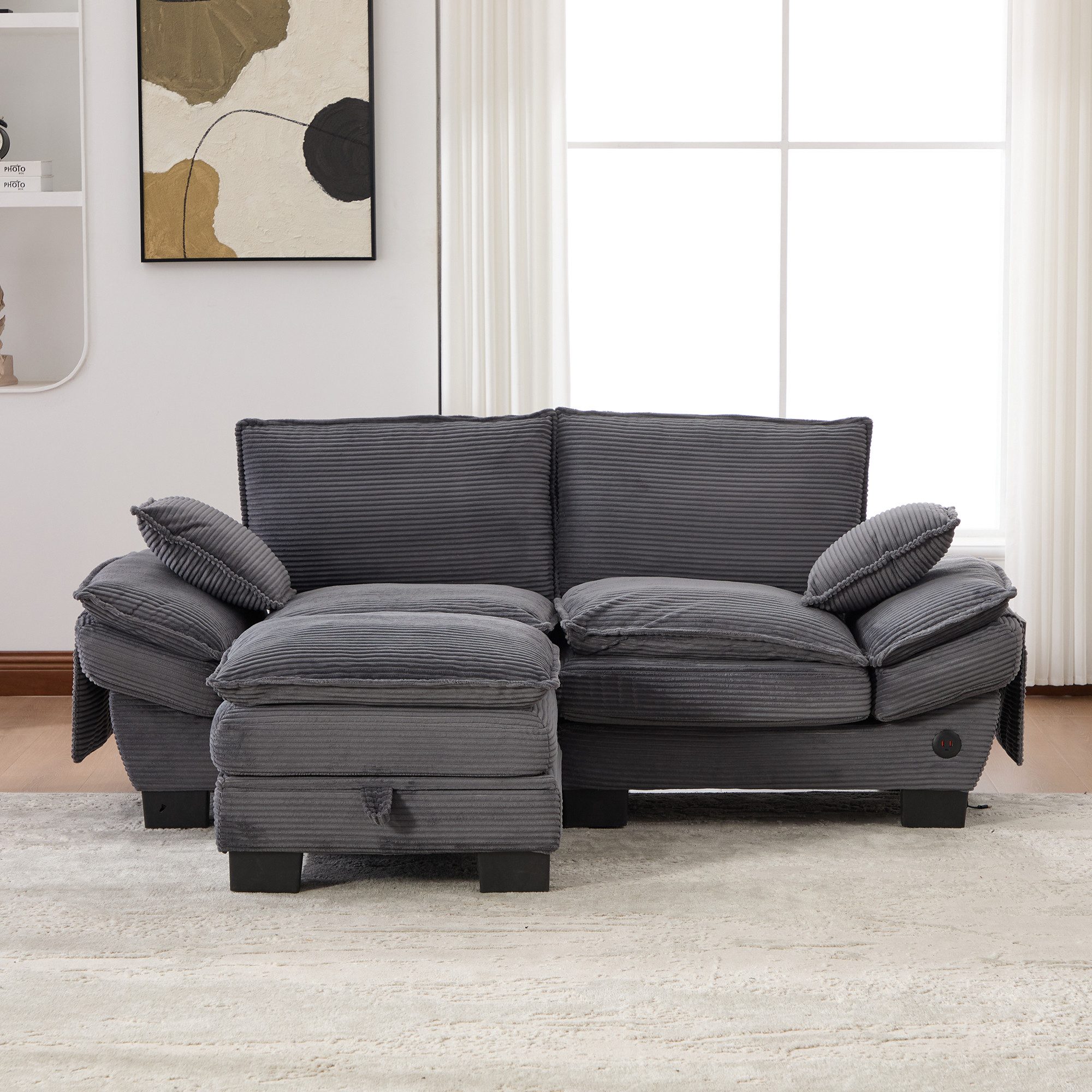 HAUSS SPOLE Loungesofa 2-Sitzer Cordsofa mit einer Hocker,Relaxsofa Seitentaschen,Dunkelgrau, Relaxsofa aus hochwertige Corduroy-Stoff, Ideal für Wohnzimmer, Büro oder Lounge