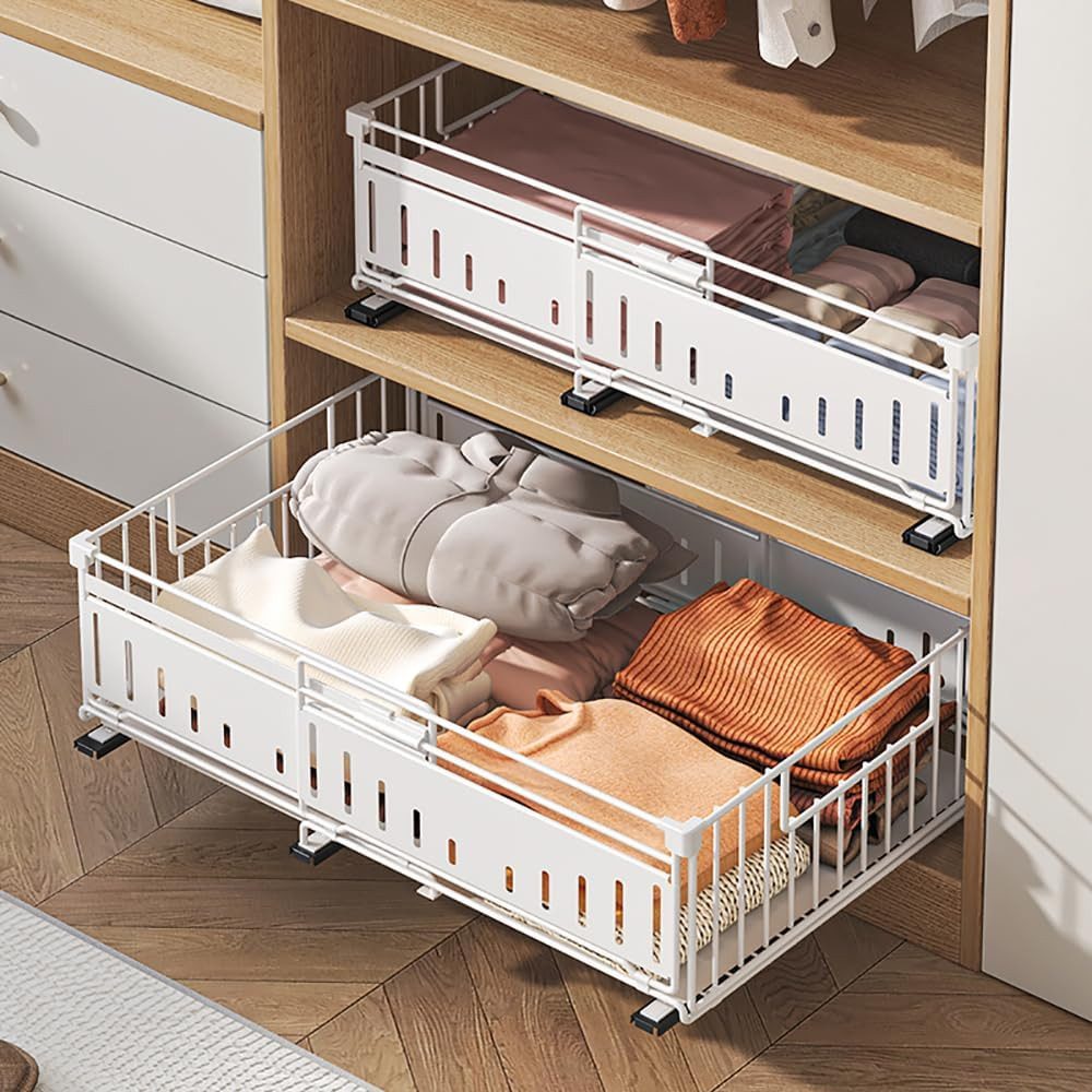 BlingBin Küchenorganizer-Set Teleskopschublade, Ausziehbare Schublade Küche Organizer Schrank, (2 Stück Erweiterbar Küchenschublade mit Kleber, 2-tlg., Produktabmessungen: 32.5-49.5L x 39B x 16.5H cm), Schubladen-Aufbewahrungsregale für Küche, Ohne Bohren