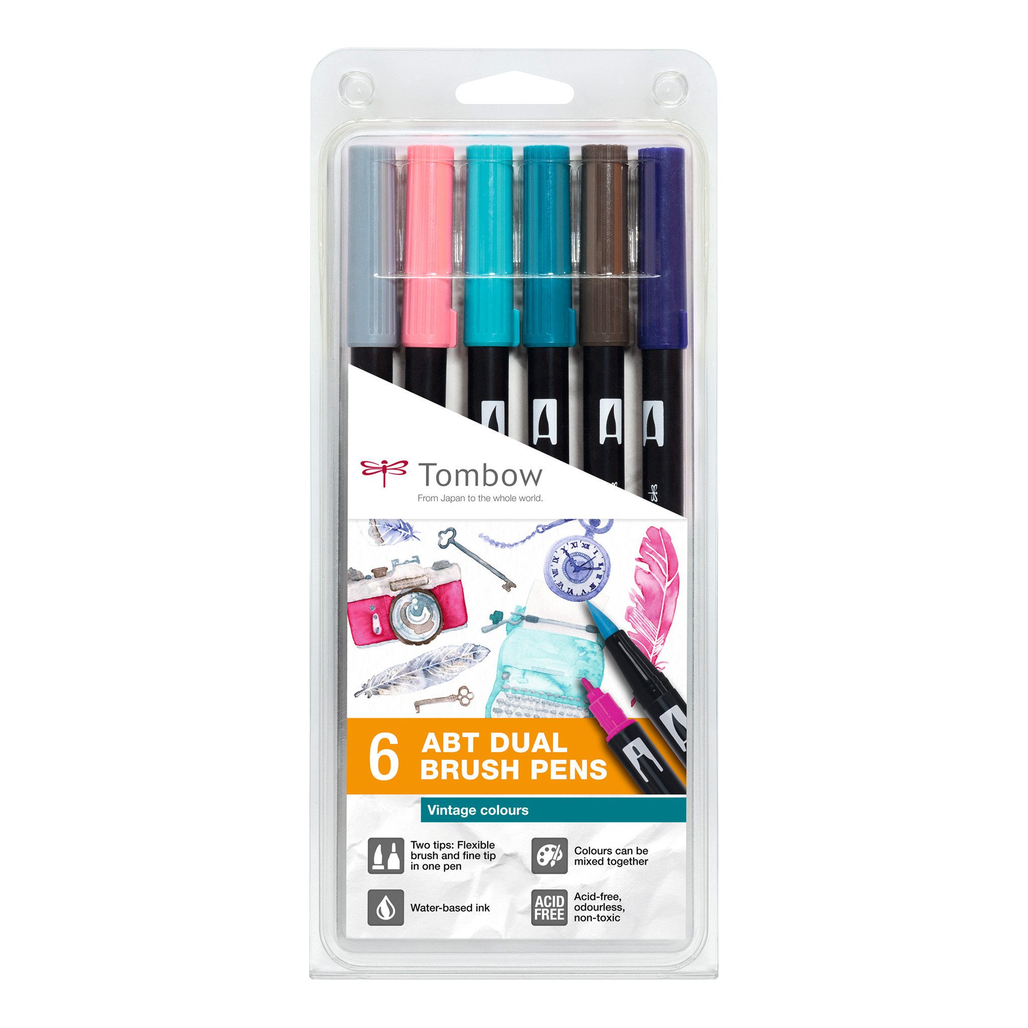 TOMBOW Pinselstift Tombow ABT Dual Brush Pen, (6er Set Vintage Farben), zwei Spitzen, für Hand Lettering & Bullet Journal, wasservermalbar