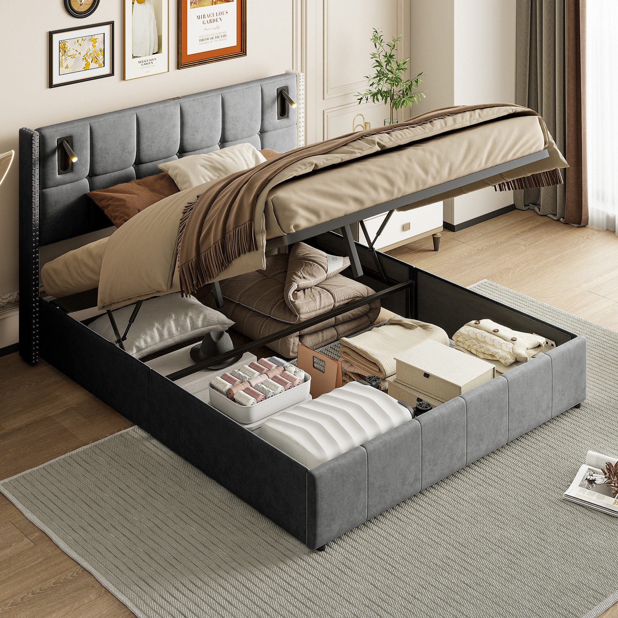 FUROKOY Polsterbett Doppelbett Stauraumbett Hydraulisch anhebbarer günstig online kaufen