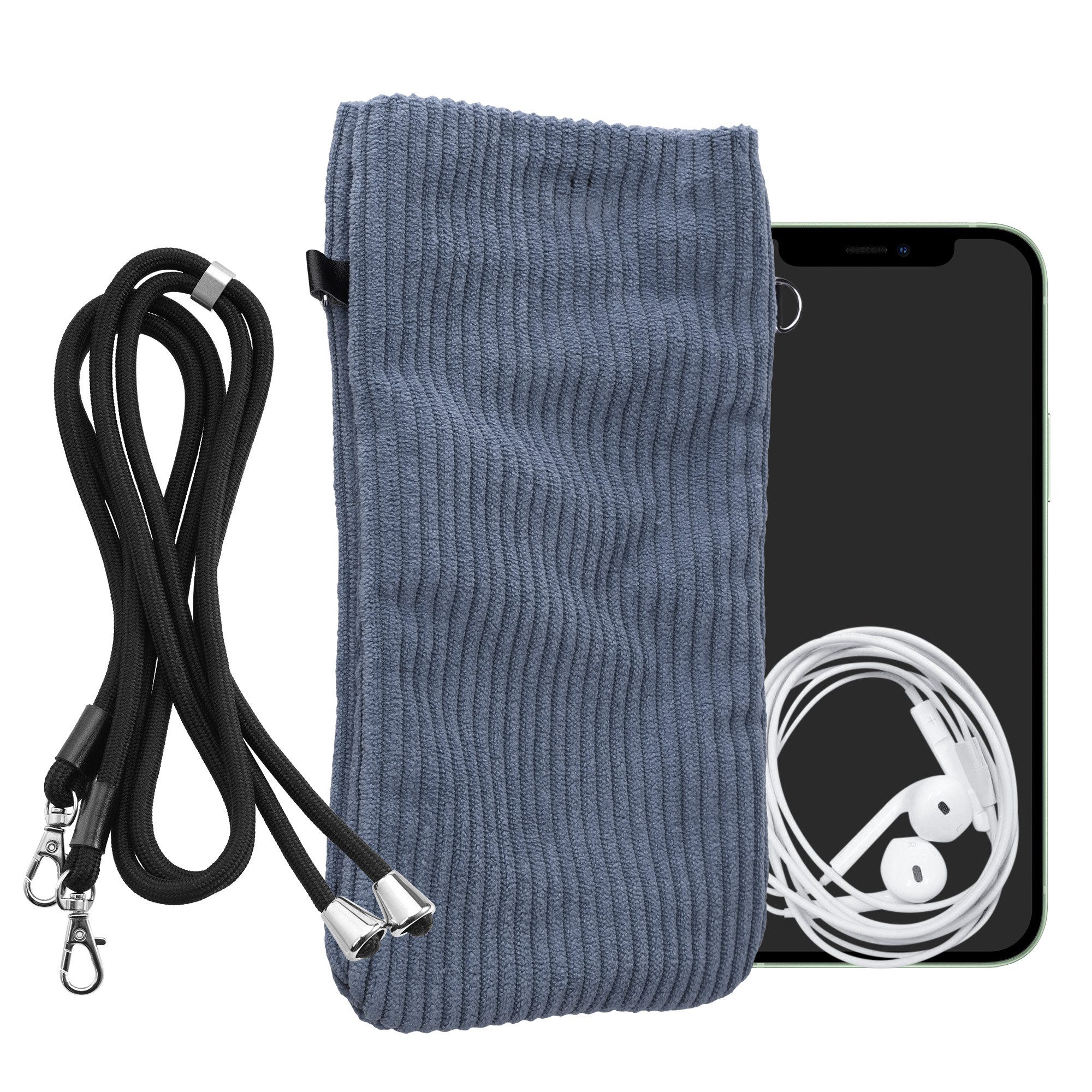 kwmobile Sleeve Handytasche für Smartphones XXL - 7" Handy Tasche, Cord Handy Hülle Vintage Blue mit Kordel - Handy Tasche