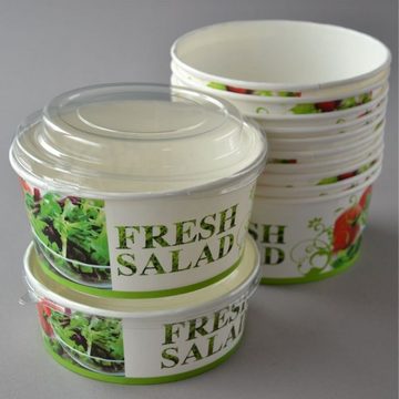 Einwegschale 300 Stück Salatschalen mit Deckel, "Salat-Motiv", rund, 750 ml, Salatbox Paper Bowls Pappsalatschale Salad Cups