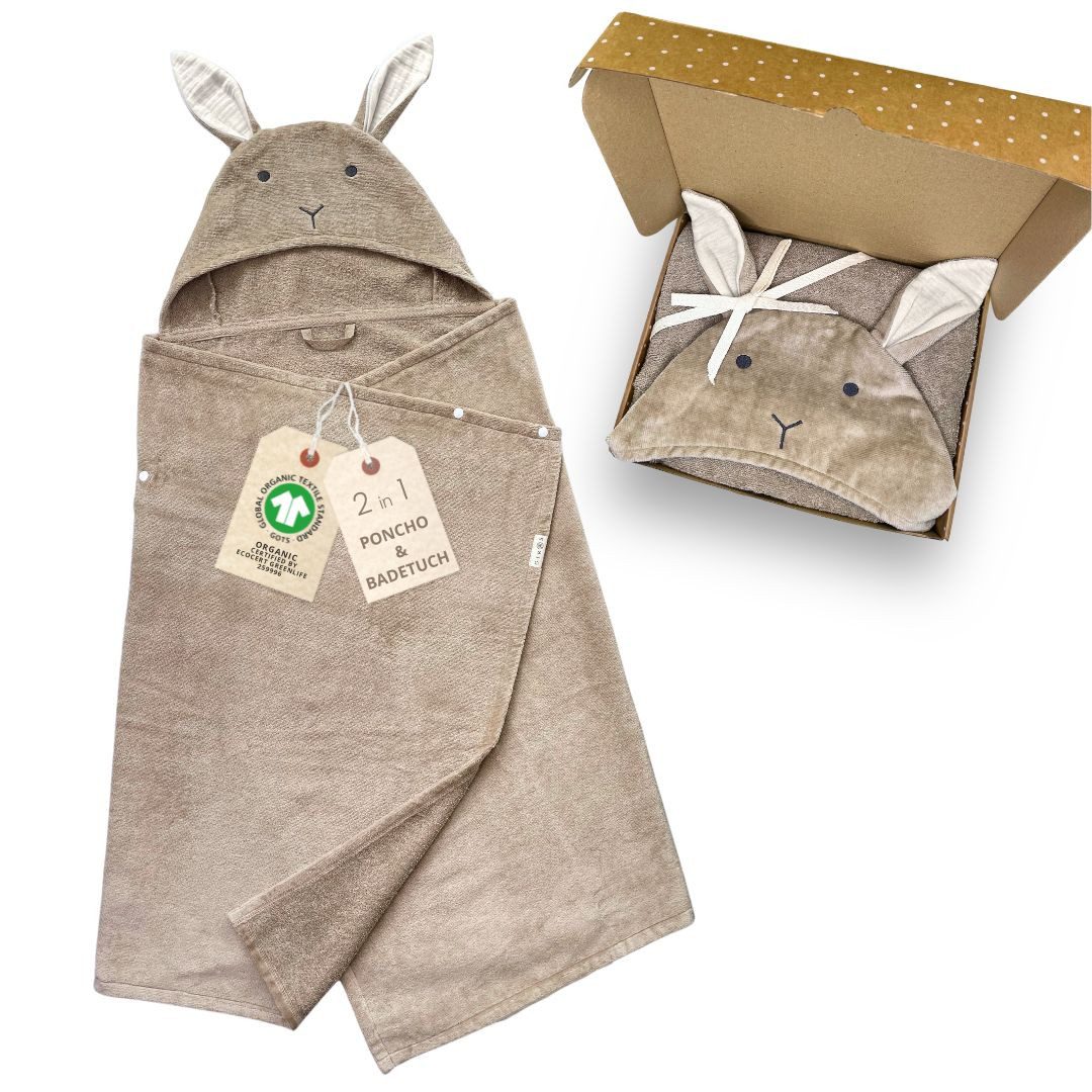 DIKOS Kapuzenhandtuch Badeponcho Baby Kinder Taupe/Altrosa, 70x140cm, 100% Bio-Baumwolle, 2-in-1 ab Geburt Handtuch mitwachsendes Badetuch/Poncho mit Knöpfen