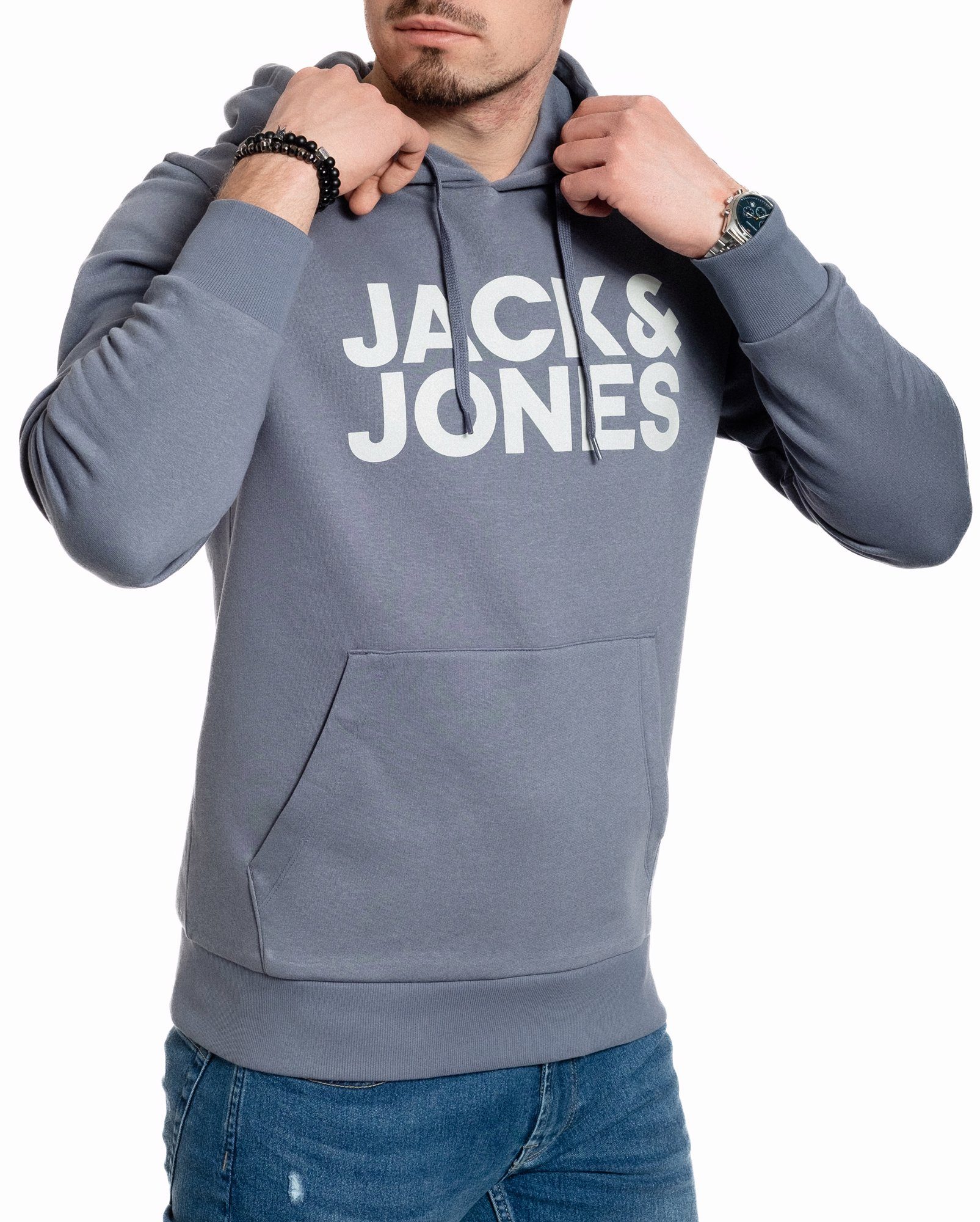 Kapuzensweatshirt mit Jack Kängurutasche Chinablue-White Jones &
