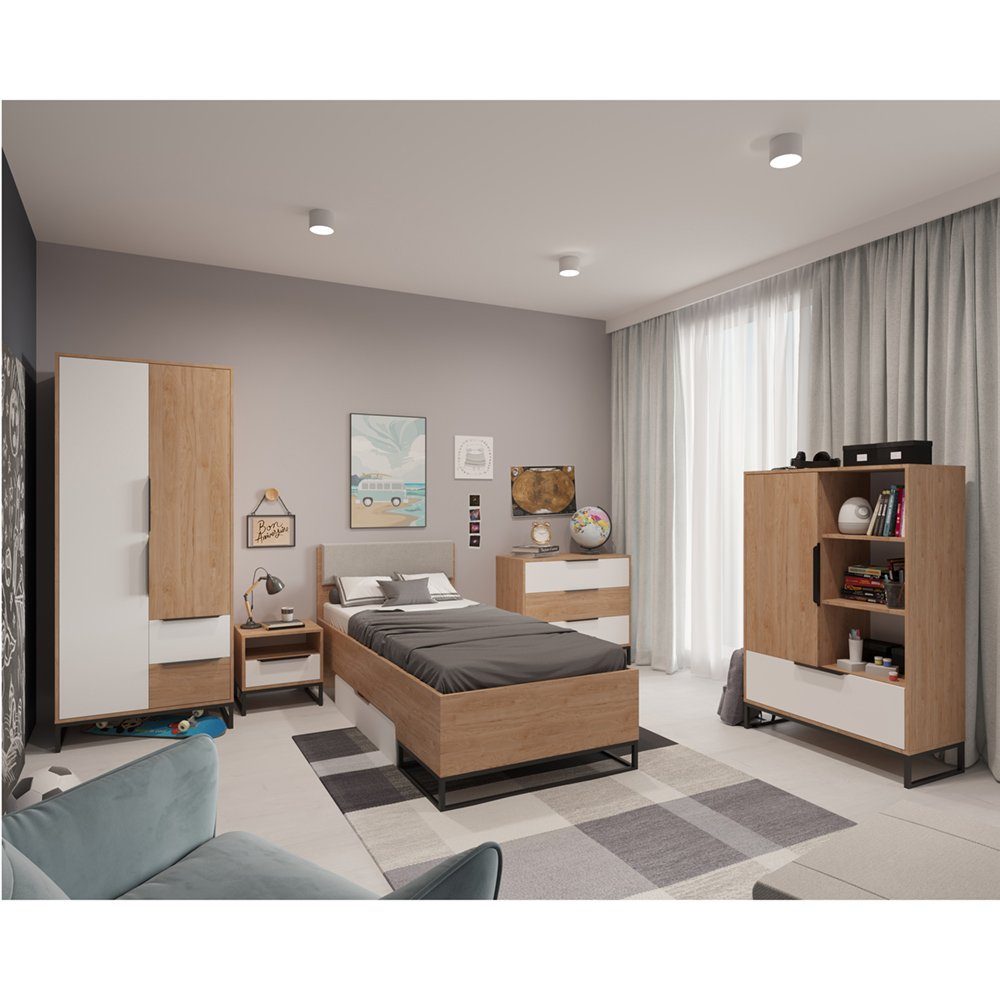Lomadox Jugendzimmer-Set LUZZI-132, (Sparset, 5-tlg), Eiche Nb. mit weiß, Kleiderschrank, Nachttisch, Bett, Kommode