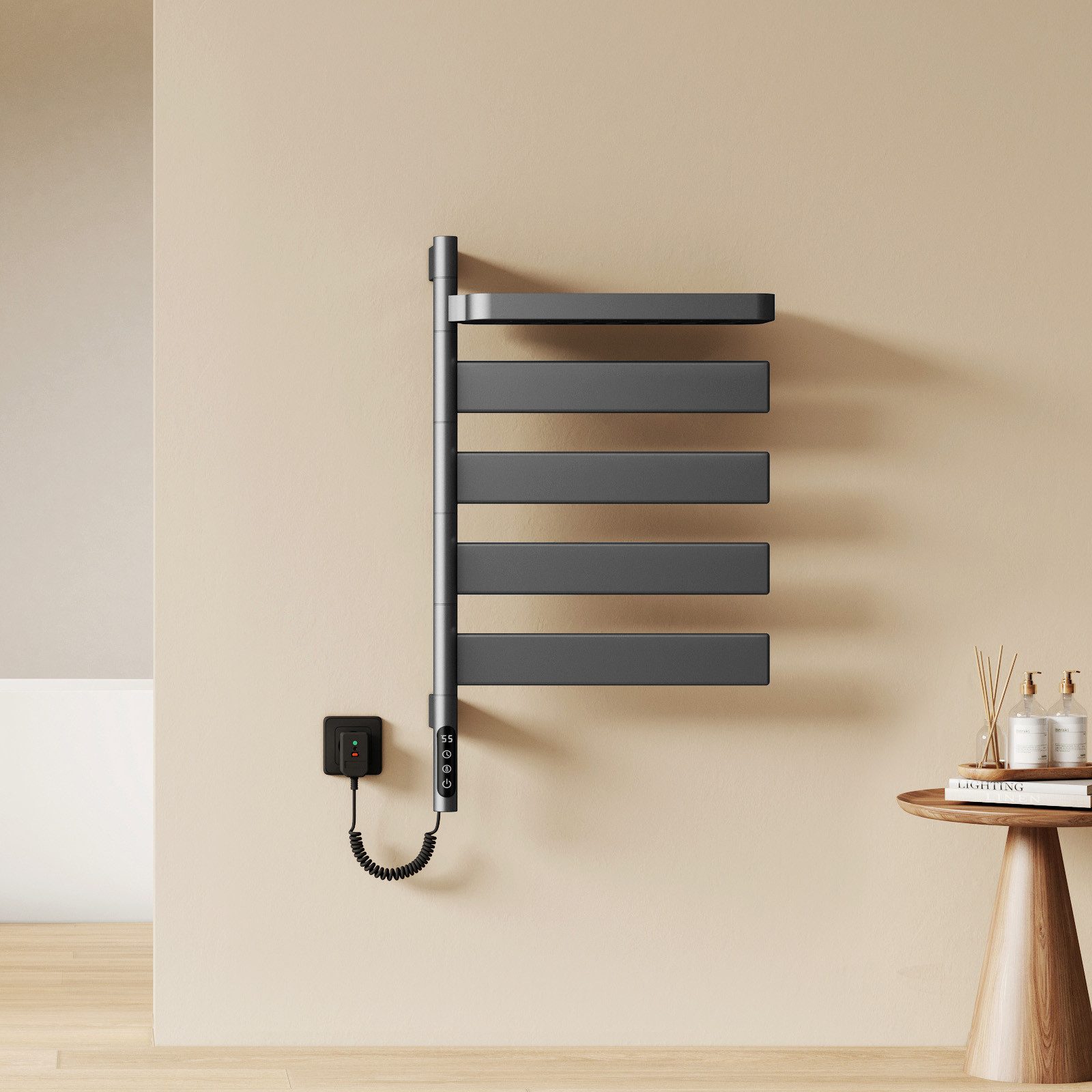 EMKE Elektrischer Badheizkörper Handtuchheizkörper, 180° drehbar, mit WLAN-, App- und Sprachsteuerung, Timer 1–24 h, 30–70 °C, IP45, FI-Schutzstecker, 76,9 × 45 cm, 120 W