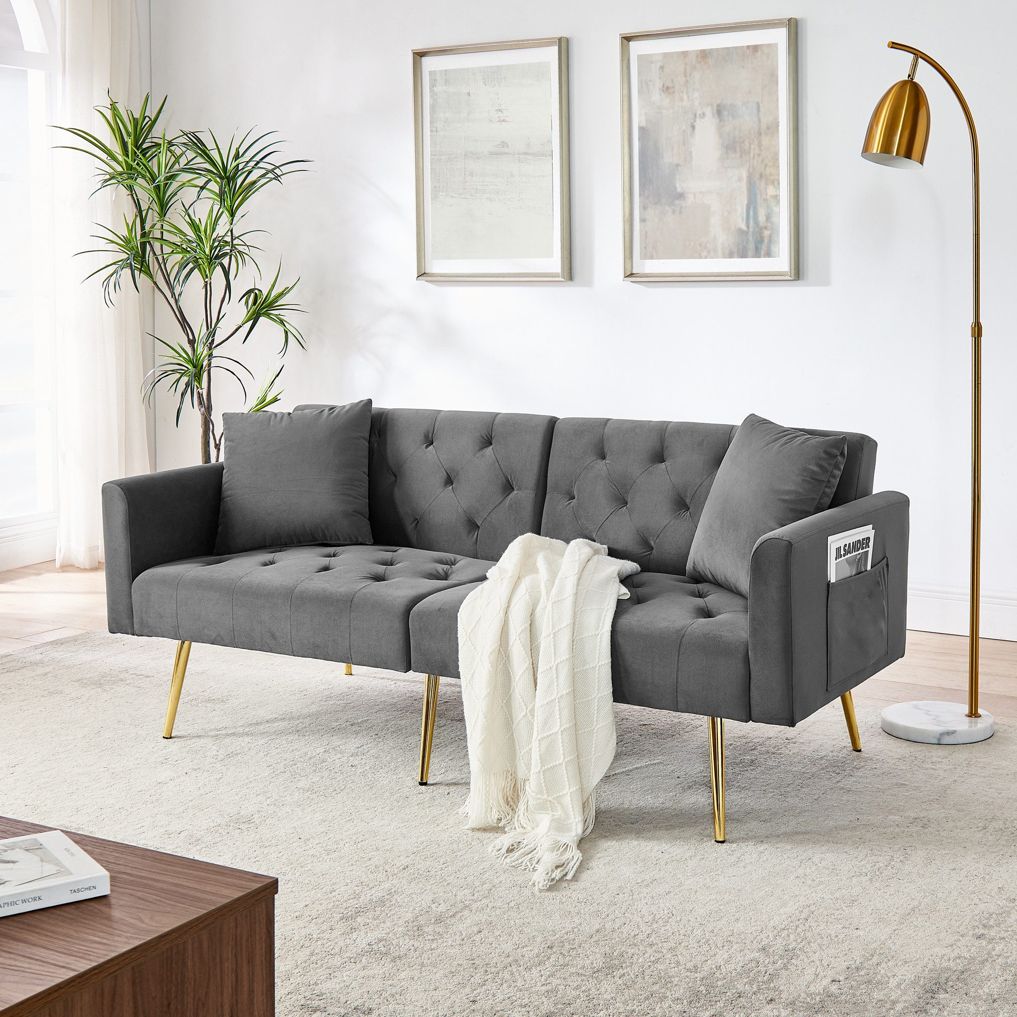 Odikalo 2-Sitzer Sofas wohnzimmer Loungesofa mit Schlaffunktion & Kissen, Moderner Sammet-Zweiersofa 3-stufige verstellbare Rückenlehne 2 beigelegte Kissen stabile Metallbeine weich & komfortabel für Wohnzimmer Mietwohnung kleines Apartment