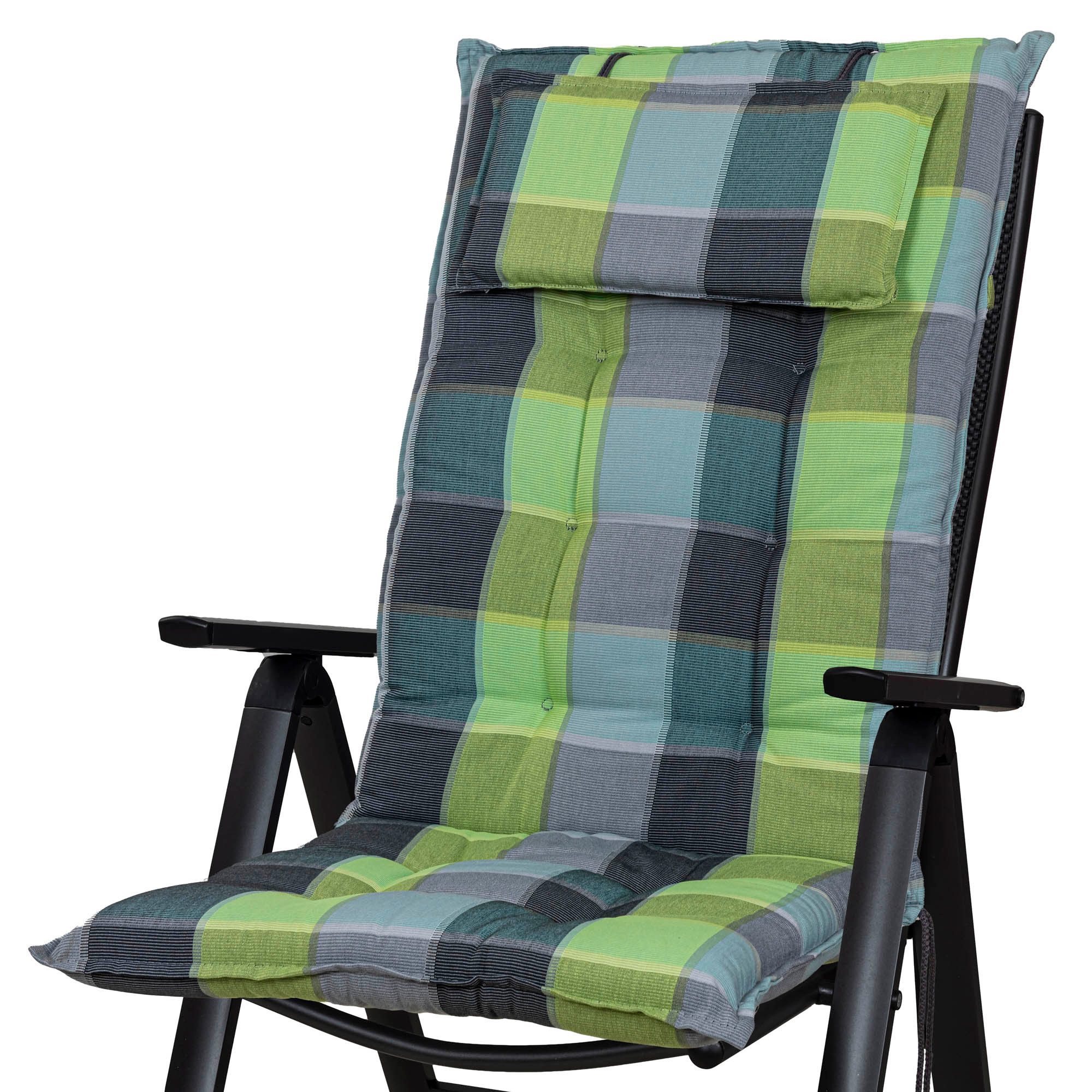 Sun Garden Hochlehnerauflage Hochlehner Inco 10475-240 grau-grün kariert 120x50x7,5 cm Sun Garden, (1 St), Halteband verstellbar mit Bindebändern