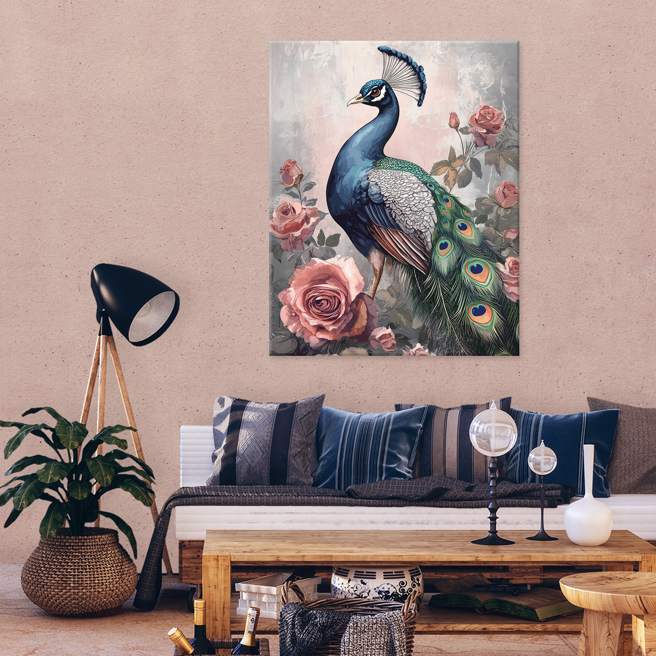 Wallarena Leinwandbild Vogel Pfau Blumen Rose Wandbilder XXL Wand Deko Bild günstig online kaufen