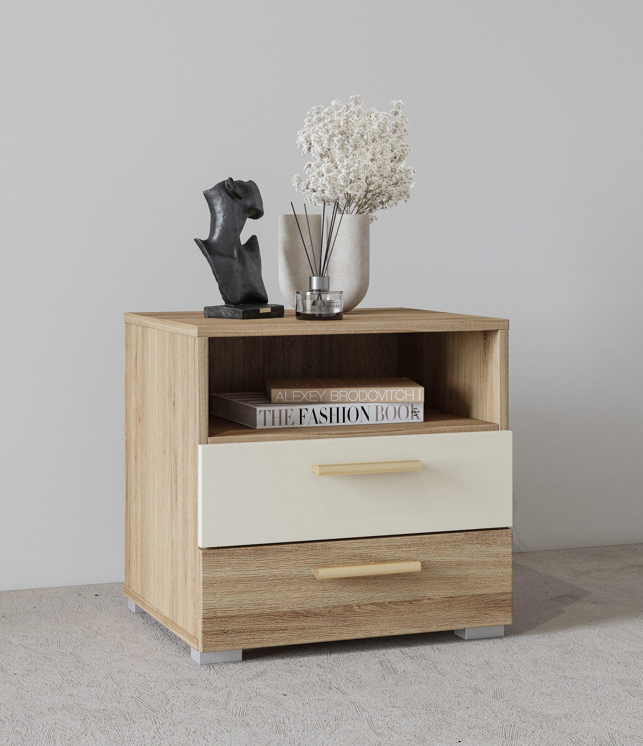Home affaire Nachtkommode Bitry, Breite 46 cm, moderner Nachtschrank mit 2 Schubladen, Nachttisch, viel Stauraum, offene Fach