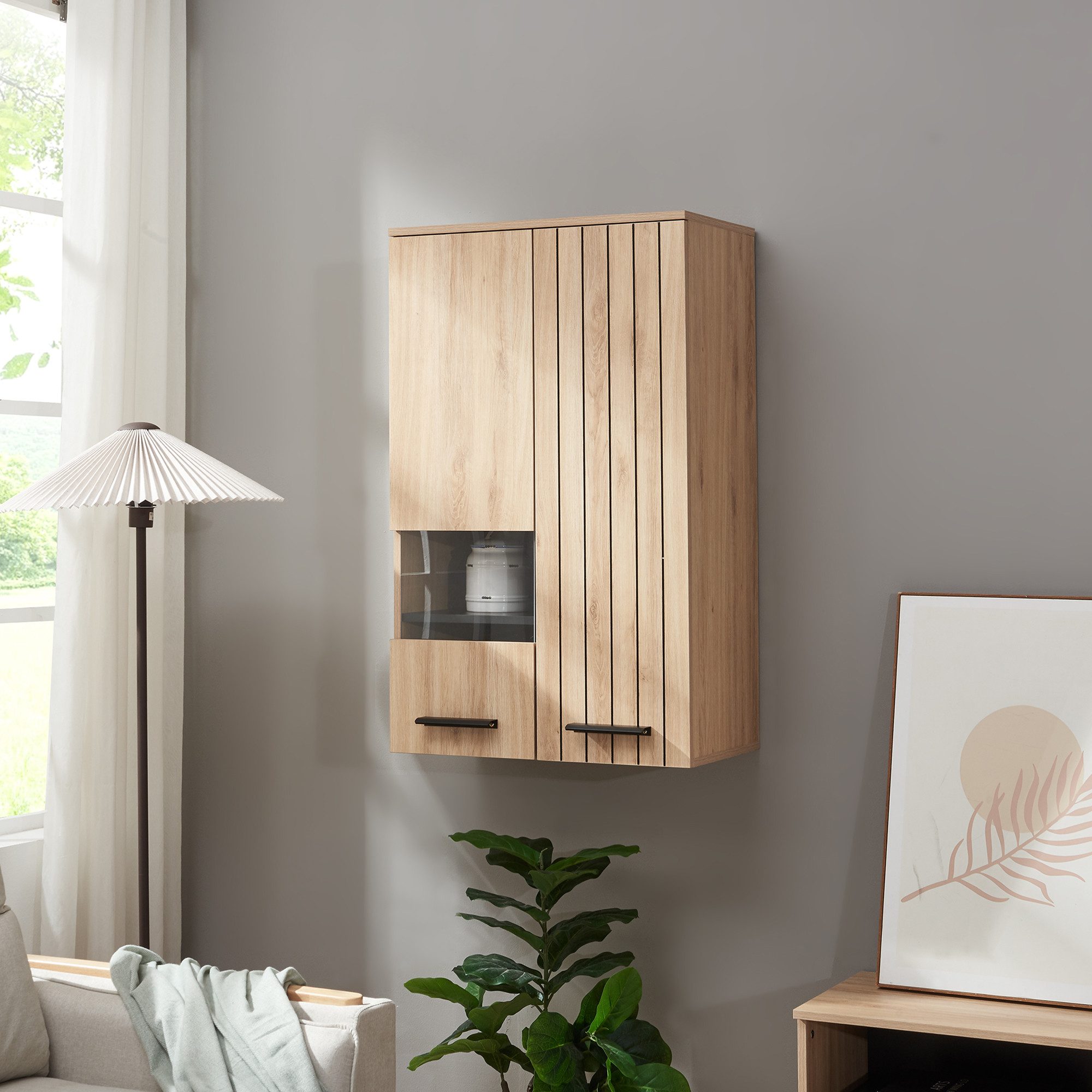 en.casa Hängeschrank »Noppen« mit Sichtfenster und 2 Türen 98x60x38cm Eicheoptik
