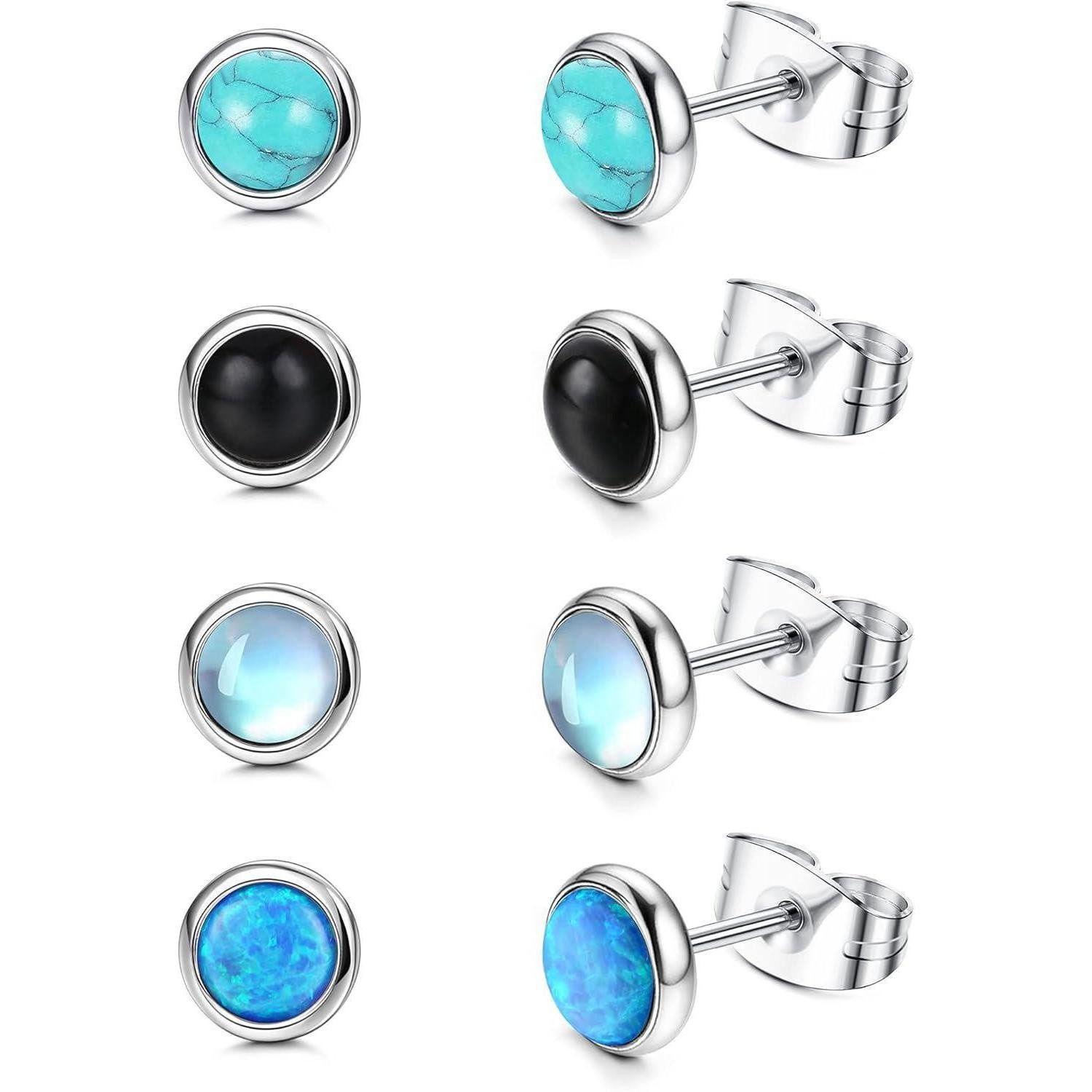 Ohrstecker-Set Opal Türkis Mondstein Ohrstecker Set 4 Paare Chirurgenstahl 4MM/6MM