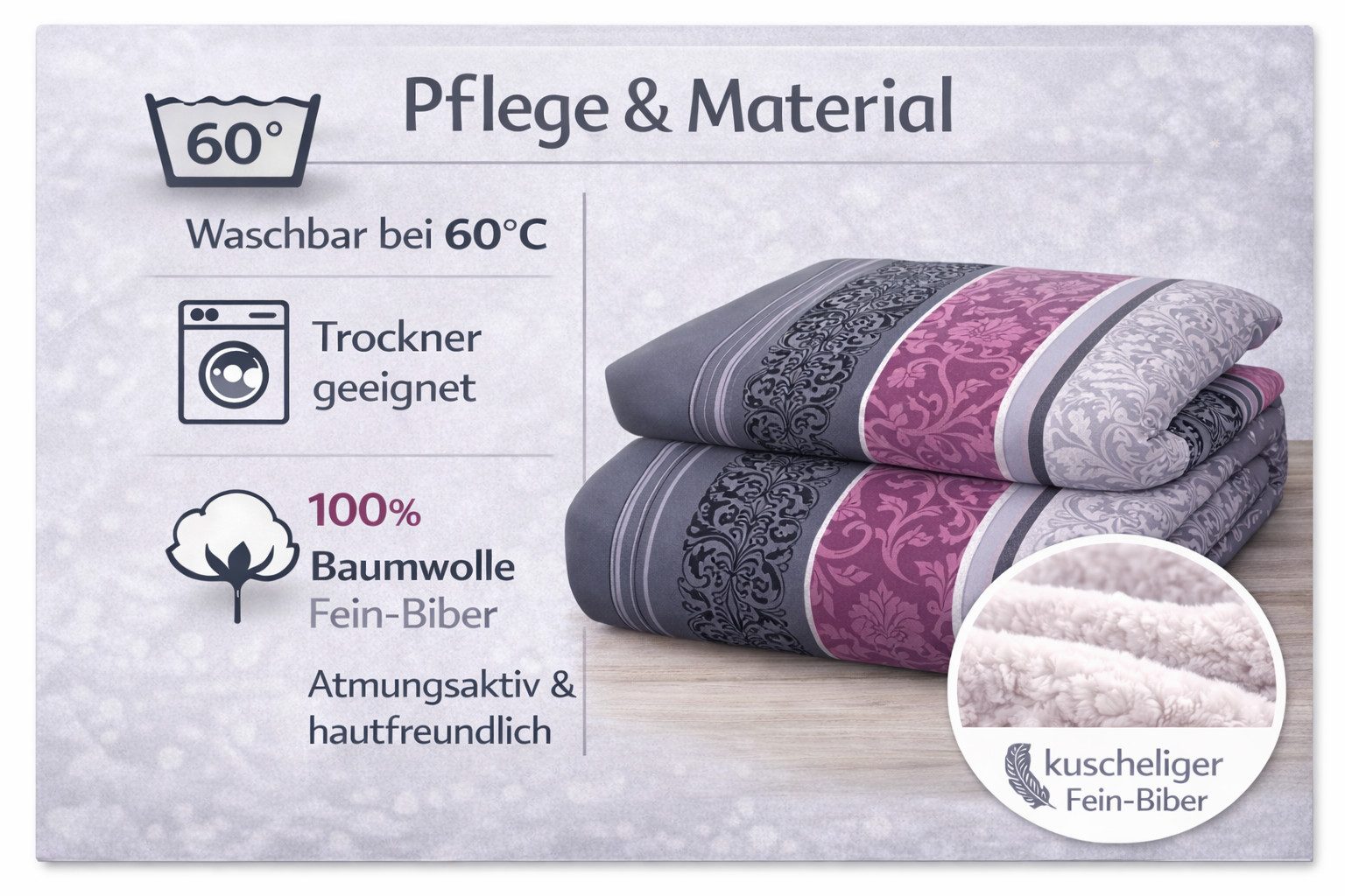 soma Bettwäsche Biber Bettbezug 135x200 cm Grau Beere 2-teilig 100% Baumwolle, Biber, 2 teilig, Weiche Biber-Baumwolle, warm, atmungsaktiv und mit Reißverschlus – Bild 5 von 5