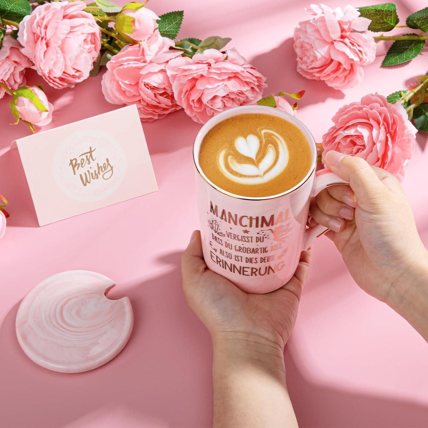 LuxusKollektion Badaccessoire-Set Geschenkset Tasse Marmor Golddruck Deckel Rosa Geschenke für Frauen