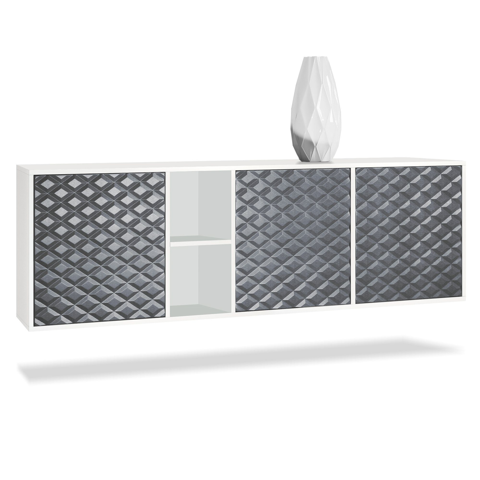 Vladon Sideboard Cuba (Kommode, mit 3 Türen und 2 offene Fächer), Weiß matt/3D Stahlgrau (182 x 53 x 35 cm)