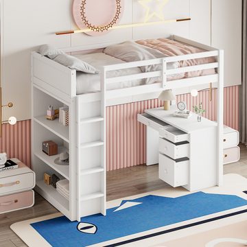 Ulife Hochbett Kinderbett Jugendbett mit Aufbewahrungsschränken und Computertisch multifunktionales Hochbett für Kinder aus Holz 90 X 200 cm