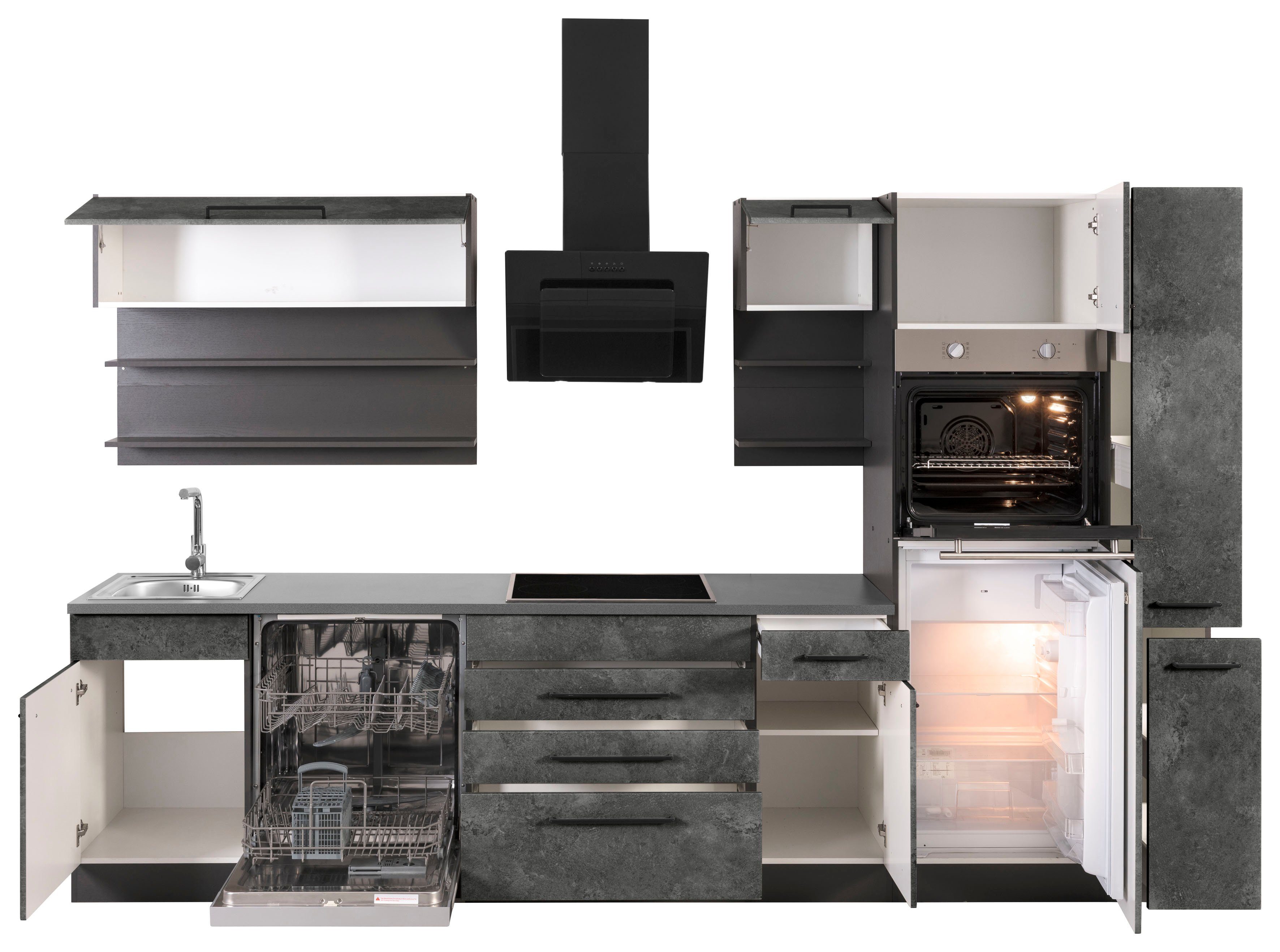 KOCHSTATION Küchenzeile KS-Tulsa, ohne E-Geräte, Breite 320 cm, schwarze Metallgriffe, MDF Fronten