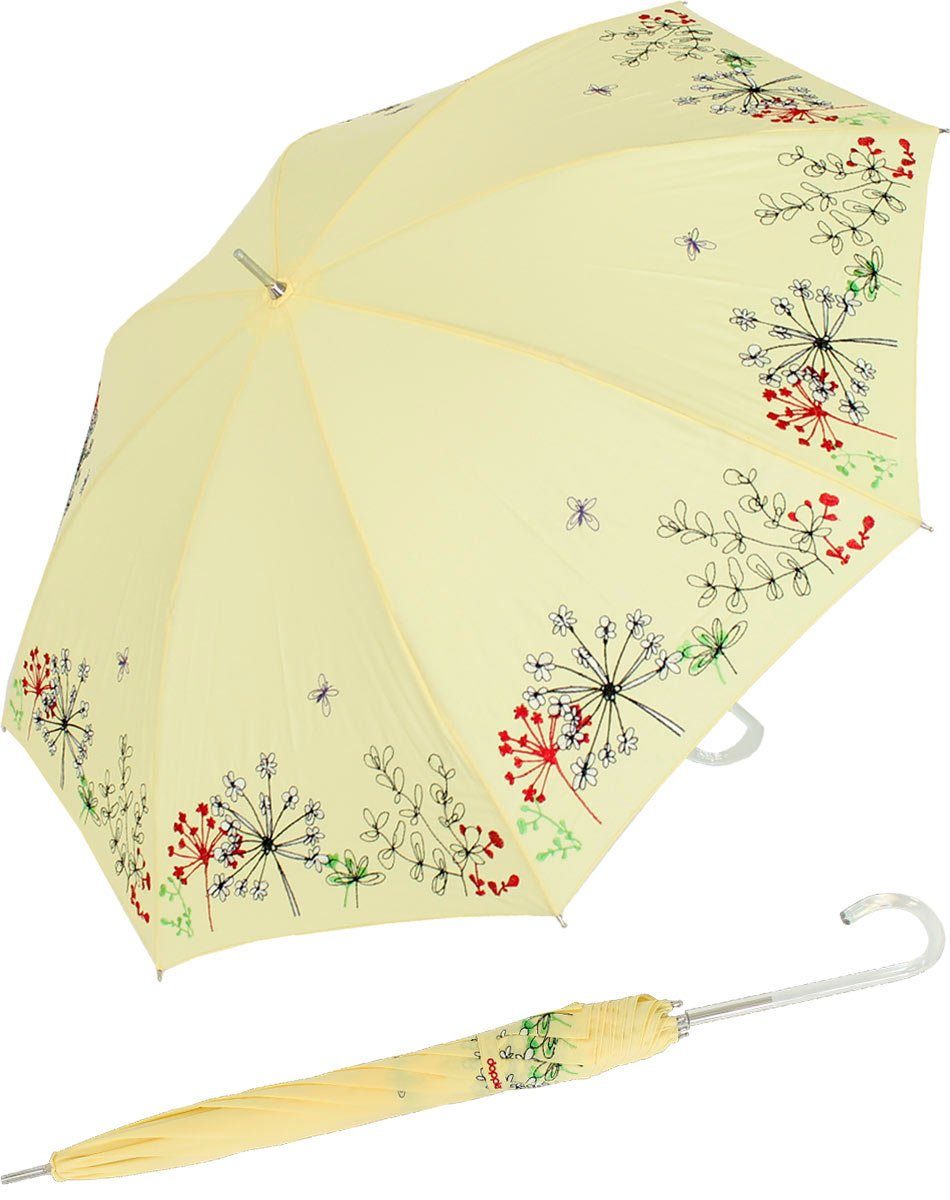 doppler® Langregenschirm Sonnen und der mit besteht transparentem Lady gelb aus Griff ist wunderschön Regenschirm bestickt, - Butterfly, der Kunststoff Schutz Rand UV Wiesenblumen