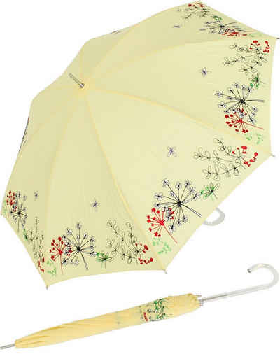 doppler® Langregenschirm Sonnen und Regenschirm UV Schutz - Lady Butterfly, der Rand ist wunderschön mit Wiesenblumen bestickt, der Griff besteht aus transparentem Kunststoff