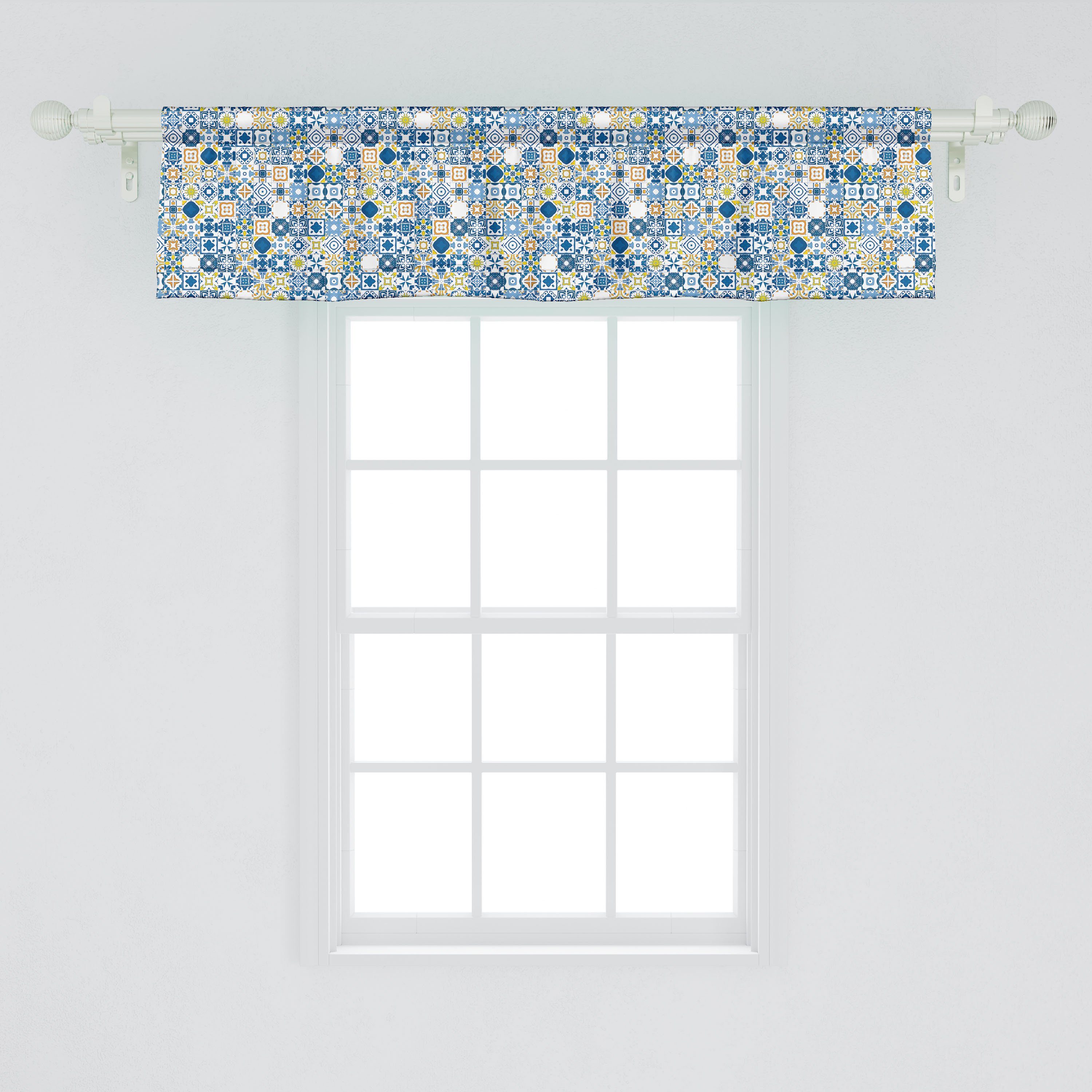 Küche Gelb Abakuhaus, mit Stangentasche, für und Azulejo Microfaser, Blau Schlafzimmer Volant Scheibengardine Dekor Mosaik Vorhang