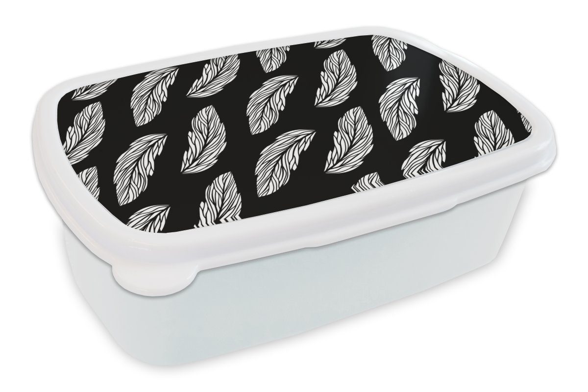 MuchoWow Lunchbox Muster - Federn - Schwarz und Weiß, Kunststoff, (2-tlg), Brotbox für Kinder und Erwachsene, Brotdose, für Jungs und Mädchen