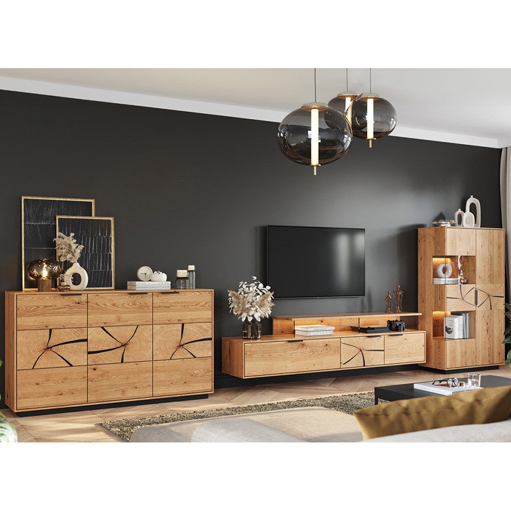 Lomadox Wohnwand TIVAT-163, (3-St., Sideboard Lowboard Highboard), Eiche massiv geölt inkl. LED-Beleuchtung, Front mit Hirnholzelementen