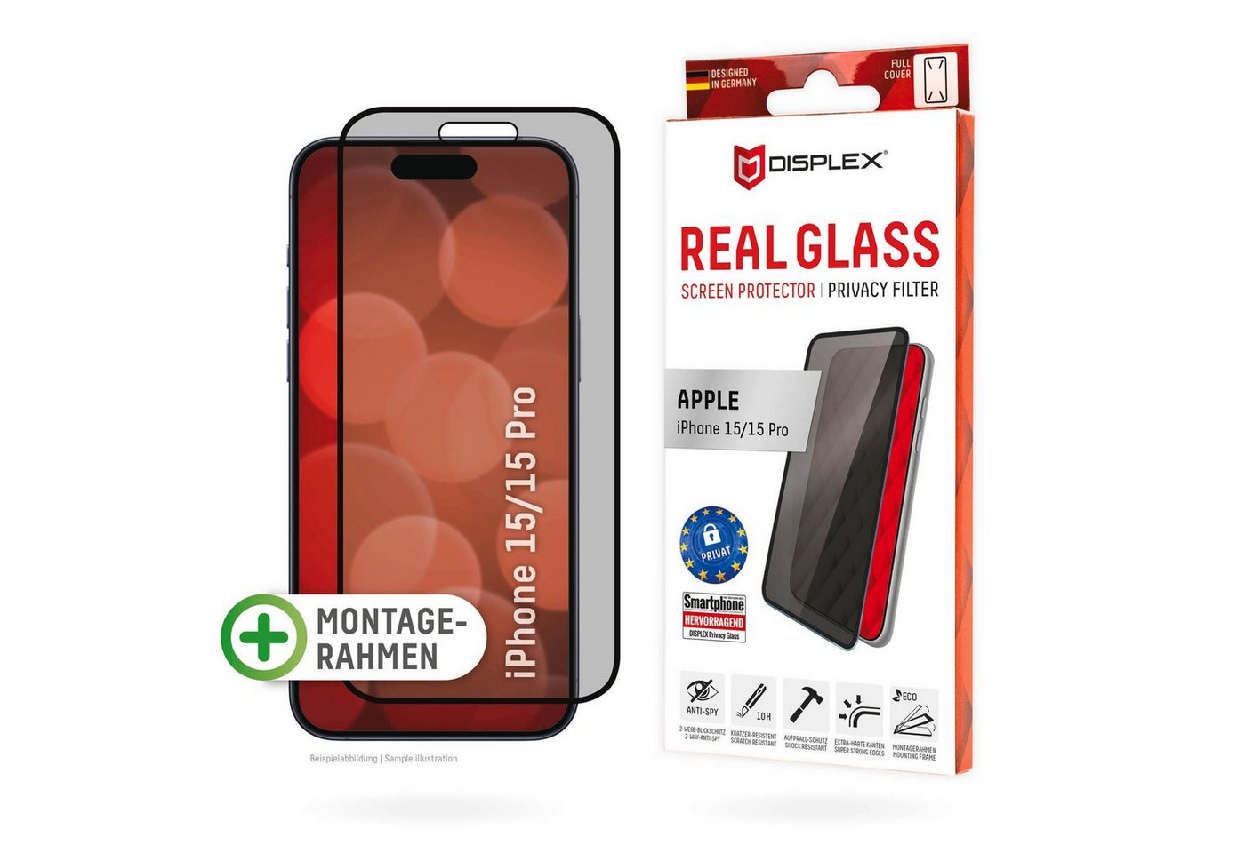 Displex Displayschutzglas Privacy Glass für Apple iPhone 15, Apple iPhone 15 Pro, Blickschutz Displayschutzfolie Displayschutz kratzer-resistent 10H