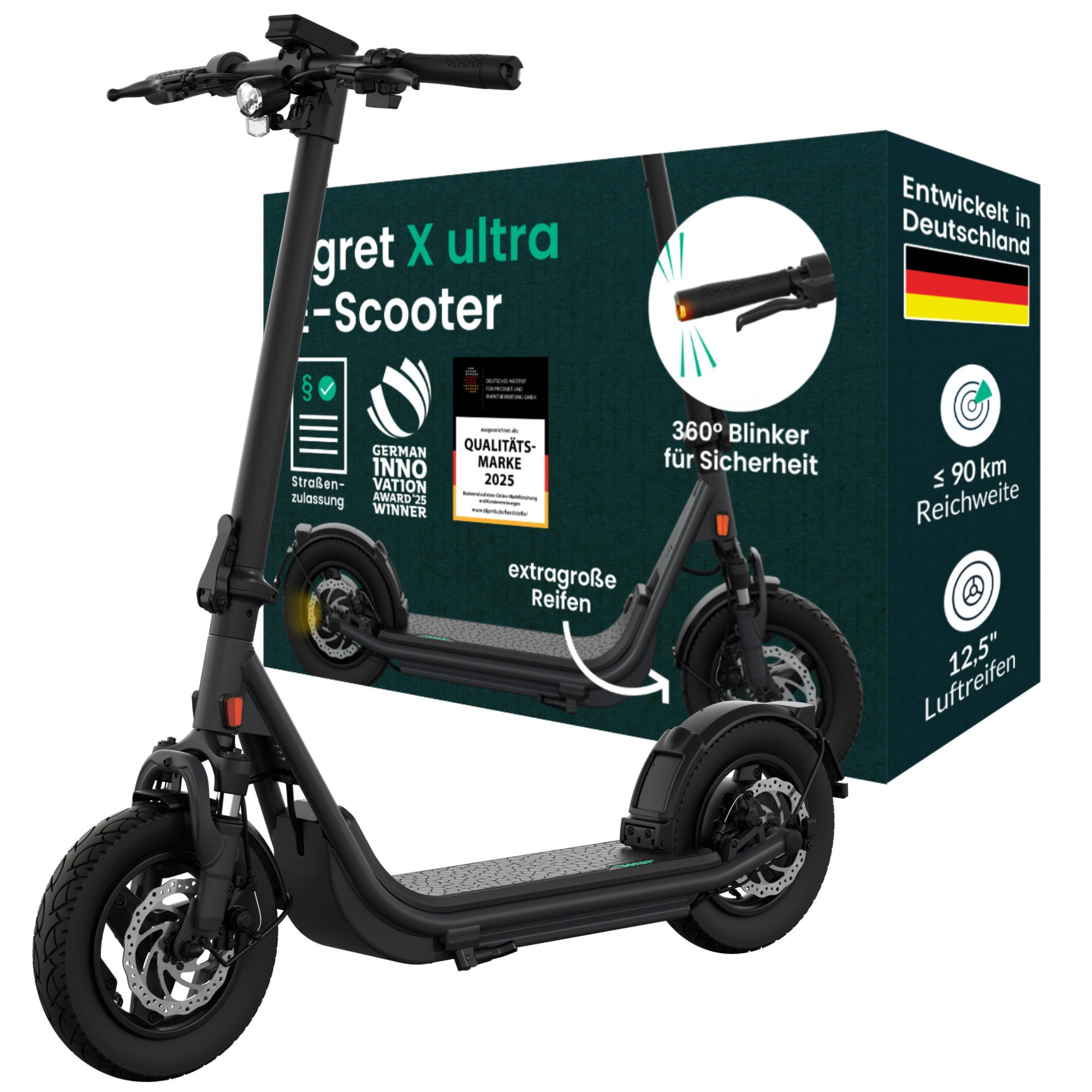 Egret E-Scooter X-Serie (core/prime/ultra) 12,5", FEDERUNG, BLINKER, ≤90 KM Reichweite, 500 W, 20 km/h, mit Straßenzulassung, ≤130kg Zuladung, App, Offroad