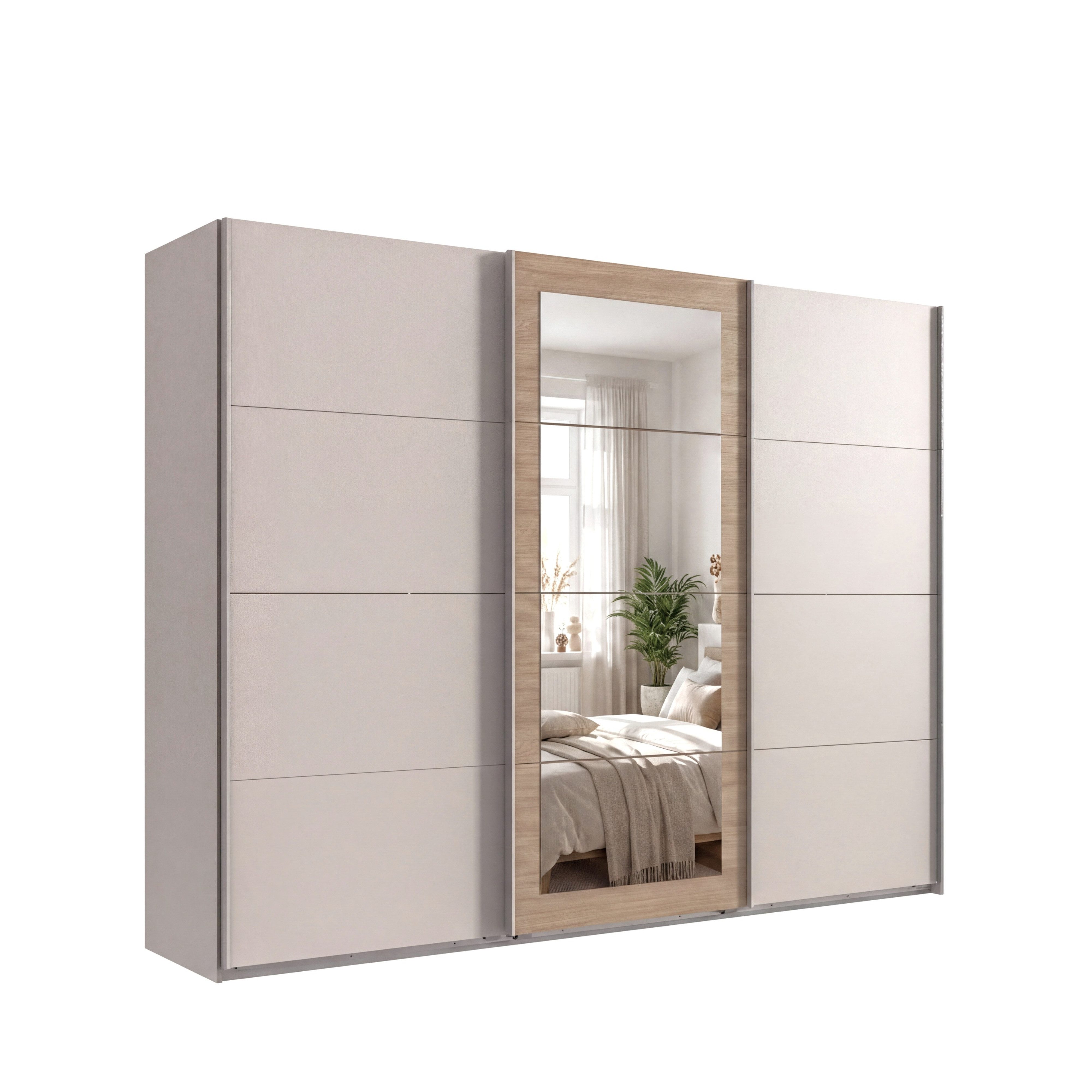 luma-home Schwebetürenschrank 22628 (3-türiger Kleiderschrank in Beige Grau mit farblich passenden Griffleisten) B270/H208/T64 cm, Mitteltür mit Rahmenspiegel in Eiche Natur Dekor