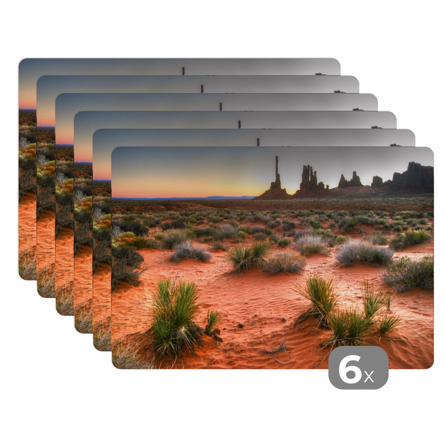 Platzset, Sonnenaufgang am Totempfahl im Monument Valley in Amerika, MuchoWow, (6-St), Platzset, Platzdecken, Platzmatte, Tischmatten, Schmutzabweisend