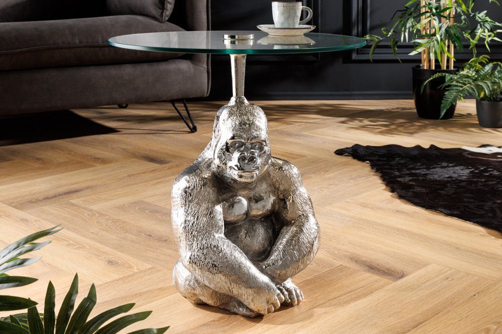 riess-ambiente Beistelltisch KONG 50cm silber / transparent (Einzelartikel, 1-St), Wohnzimmer · Metall · Glas · rund · Affenfigur · Gorilla-Skulptur