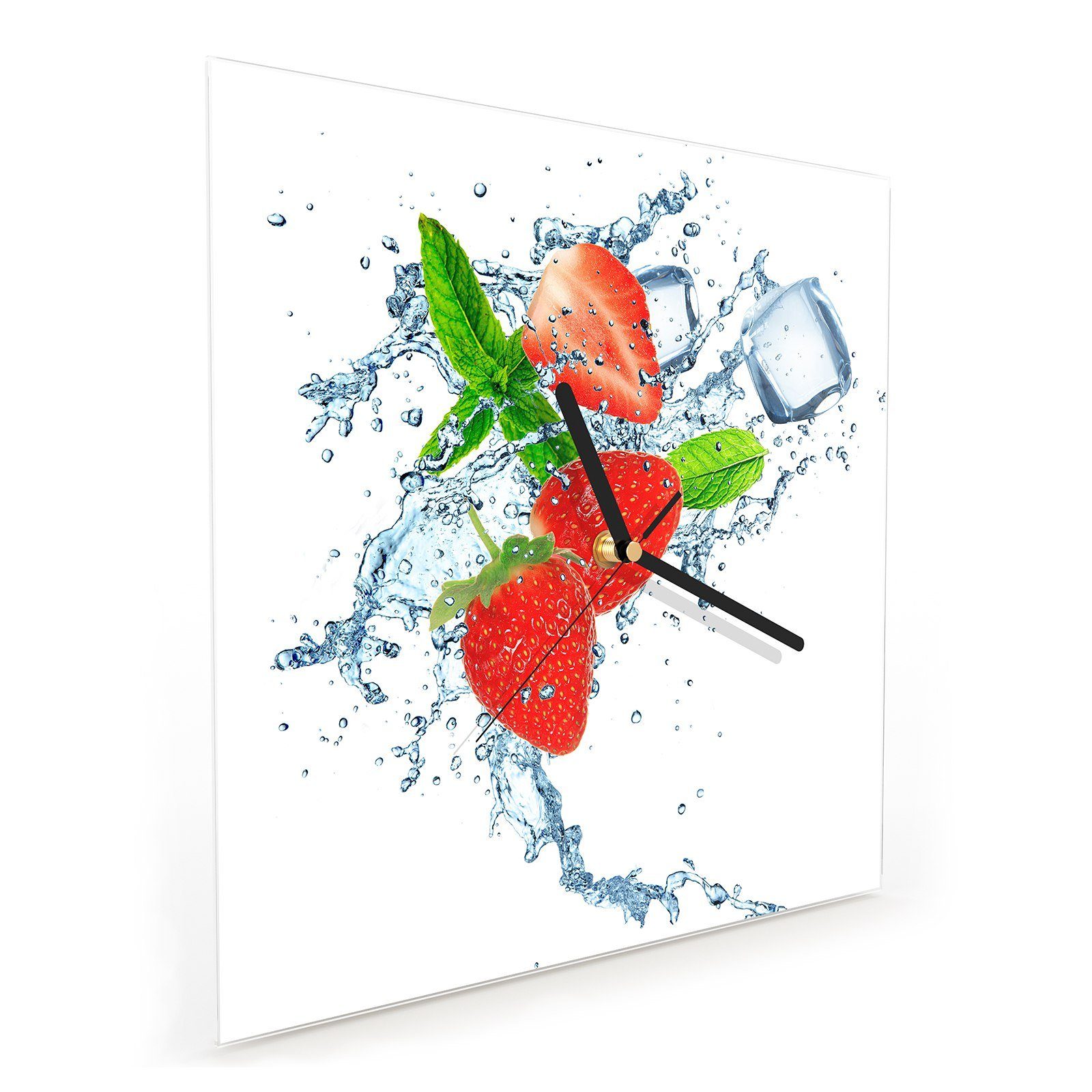 Primedeco Wanduhr 30 x Glasuhr mit 30 auf Motiv Erdbeere cm Wanduhr Wassersplash Größe Wandkunst