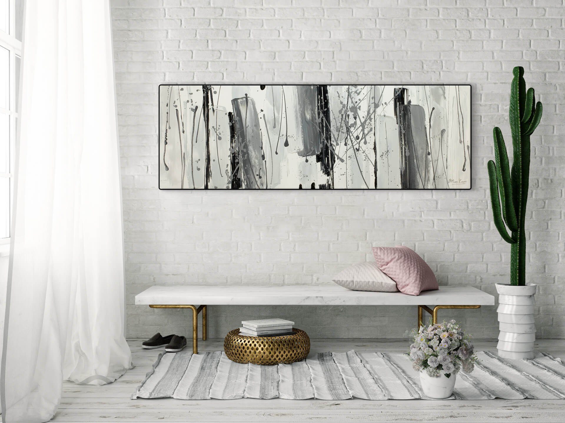 Wohnzimmer Asche KUNSTLOFT Gemälde cm, Leinwandbild 100% 150x50 HANDGEMALT Fließende Wandbild