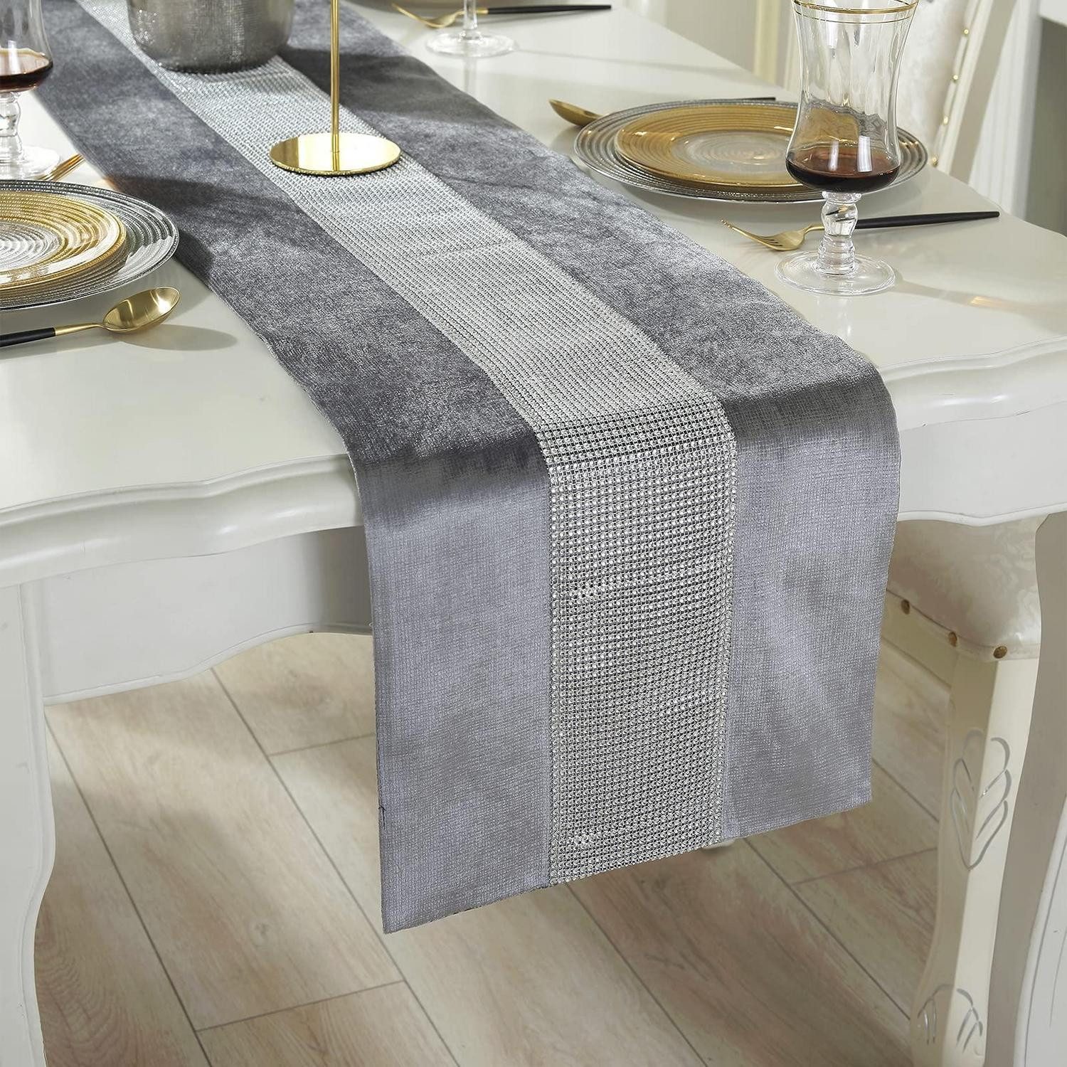 LuxusKollektion Tischläufer Tischläufer Grau 32x180cm mit Glitzer (1-tlg)