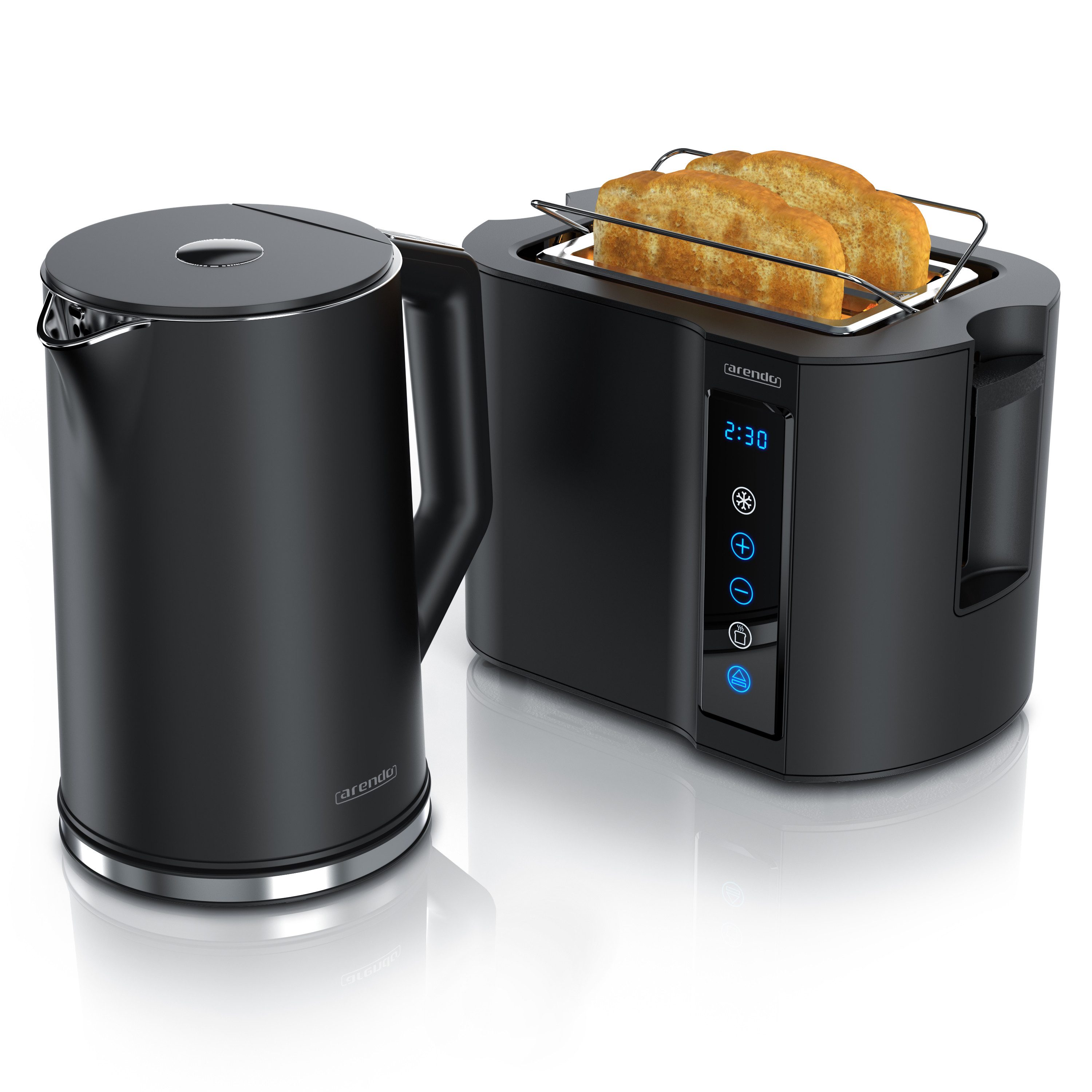 Arendo Frühstücks-Set Edelstahl Wasserkocher 1,5l, 2-Scheiben Kurzschlitz Toaster, schwarz (2-tlg), Wasserkocher mit Temperatureinstellung, Toaster Brötchenaufsatz, Touch