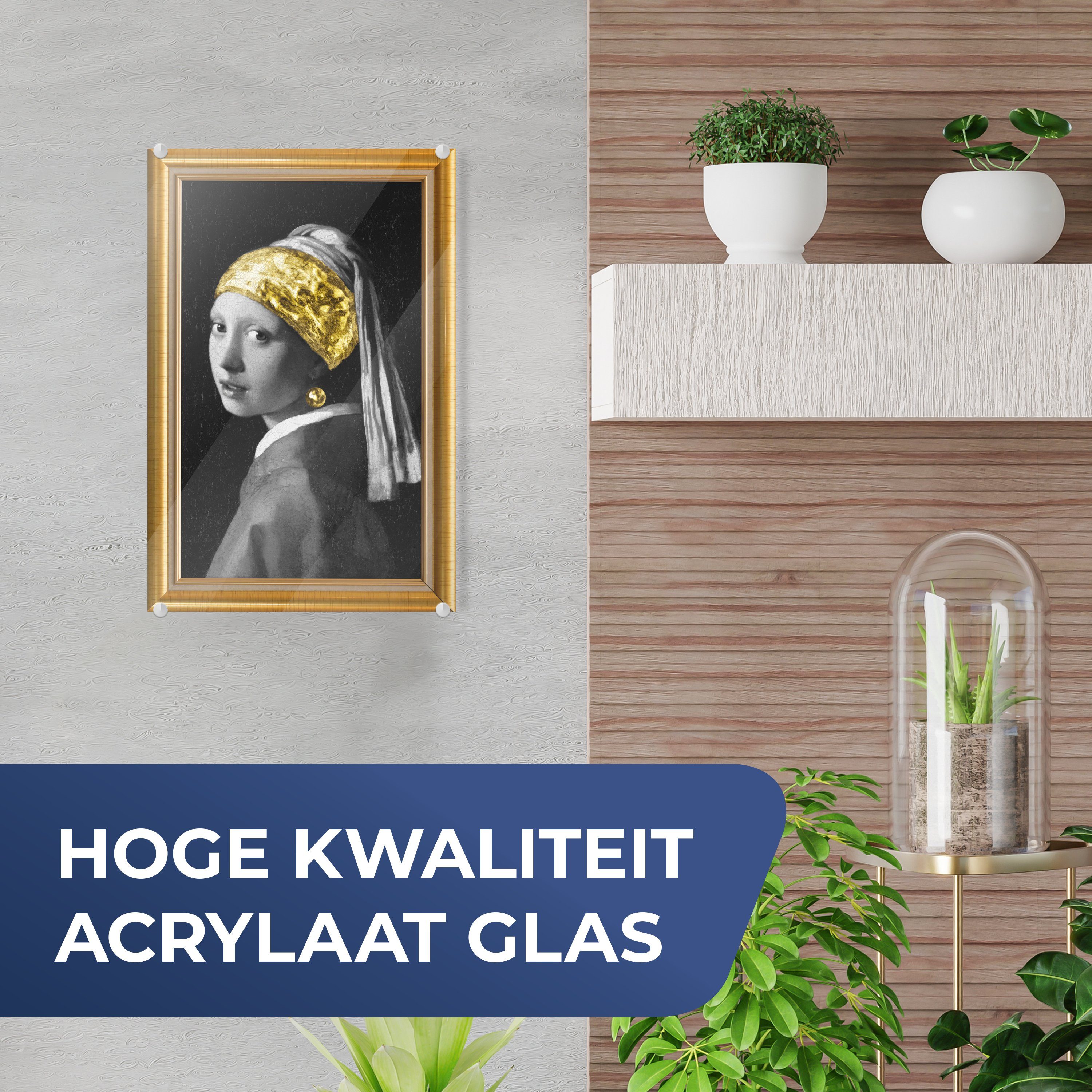 Gold - MuchoWow Vermeer - Perlenohrring Glas Acrylglasbild (1 St), Mädchen Rahmen, auf - - auf mit Bilder Glas Wanddekoration Foto - Glasbilder - Wandbild