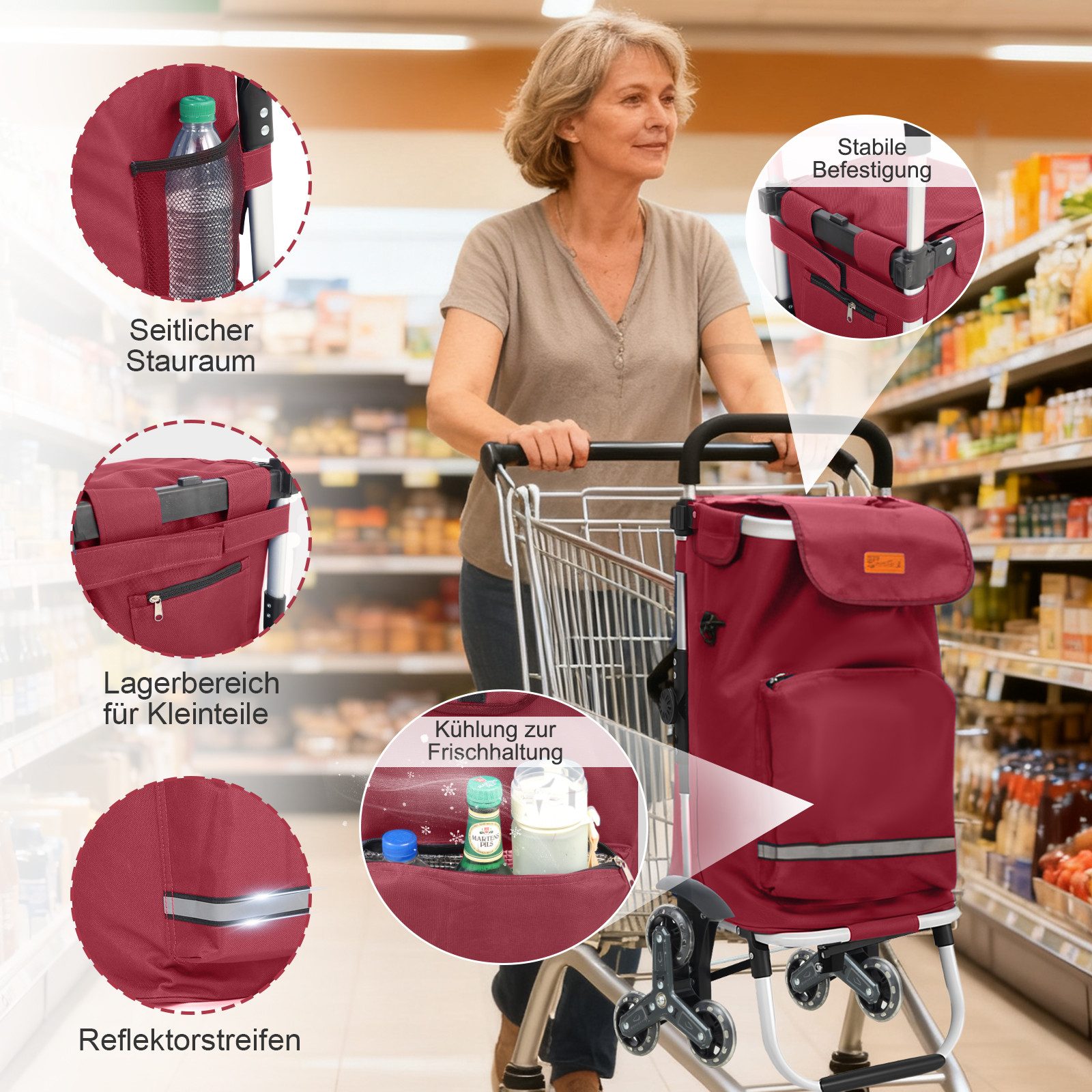 Sekey Einkaufstrolley Klappbarer Einkaufswagen mit Kühlfach, Treppensteiger Trolley 3 in 1, 42 l, Faltbarer Einkaufswagen inkl. Einkaufschip und Spanngurt – Bild 4 von 5