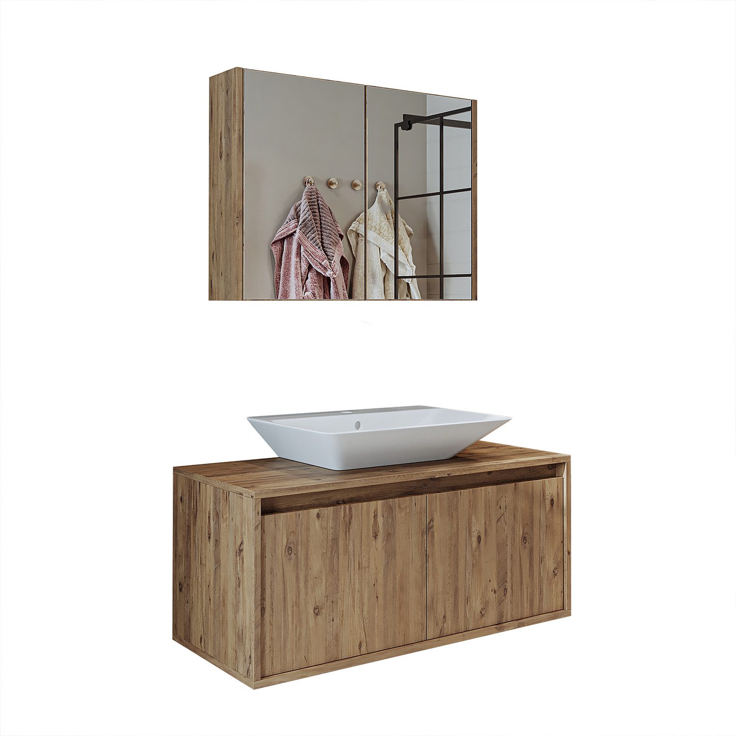 Roomart Badmöbel-Set ATLANTIC Waschtisch + Spiegelschrank + Keramik-Aufsatzwaschbecken, (ATLANTIC – Unterschrank + Spiegelschrank + Waschbecken), feuchtigkeitsbeständig, Spiegelschrank mit Stauraum, DHL-Lieferung