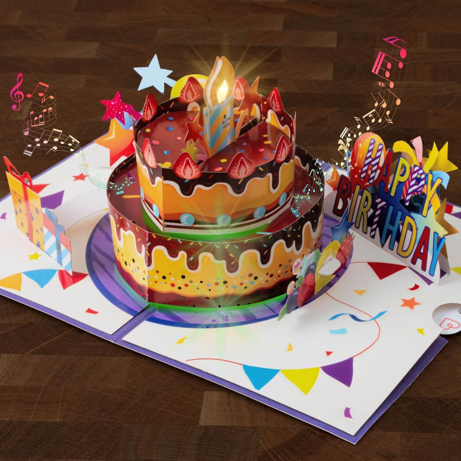 papercrush Geburtstagskarte Geburtstagstorte mit Musik & Licht Pop-Up Karte, 3D Karte Geburtstag, Handgemacht, Lasergeschnitten, Pop-Up
