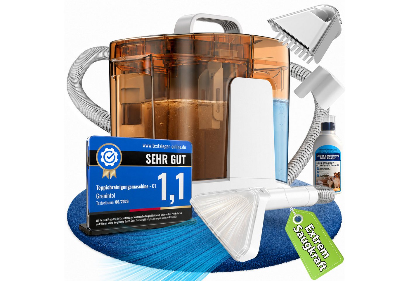Grenintol Teppichreinigungsgerät 25kPA Waschsauger,Teppichreiniger,Tragbarerer Polsterreiniger Gerät, 600 W, 1,45 l Frischwassertank + 1,6 l Schmutzwassertank, tragbarer Nasssauger & Fleckenreiniger mit 2‑Tank‑System, reinigt gründlich Polster, Teppiche,