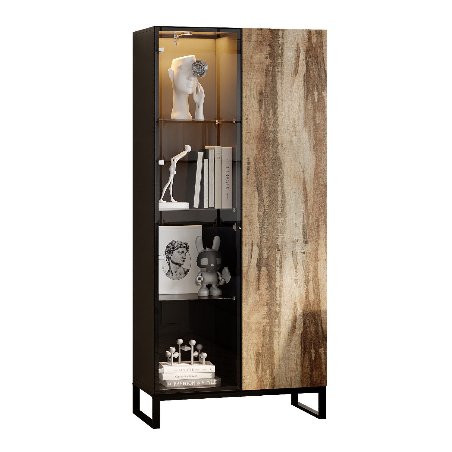 FUFU&GAGA Glasvitrine Vitrine mit Rundstrahler, Schwarz & Holzoptik, MDF+Glas, 80×41×175 cm