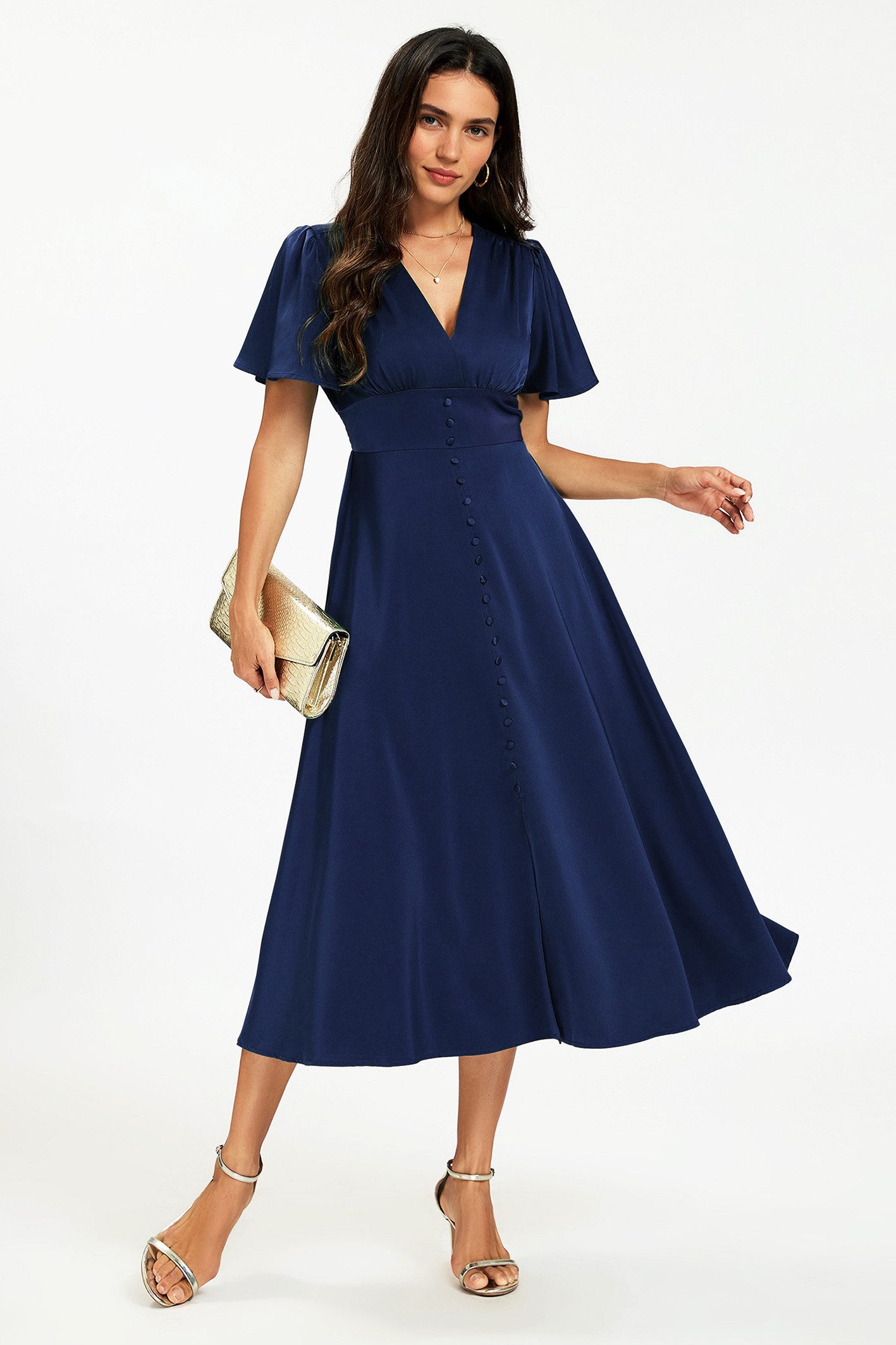 FS Collection Midikleid Satin Midikleid Sommerkleid Freizeitkleid Abendkleid V-Ausschnitt (S,M,L und XL) Knopfleiste, elastischer Rückeneinsatz, Schlitz, taillierter Bund