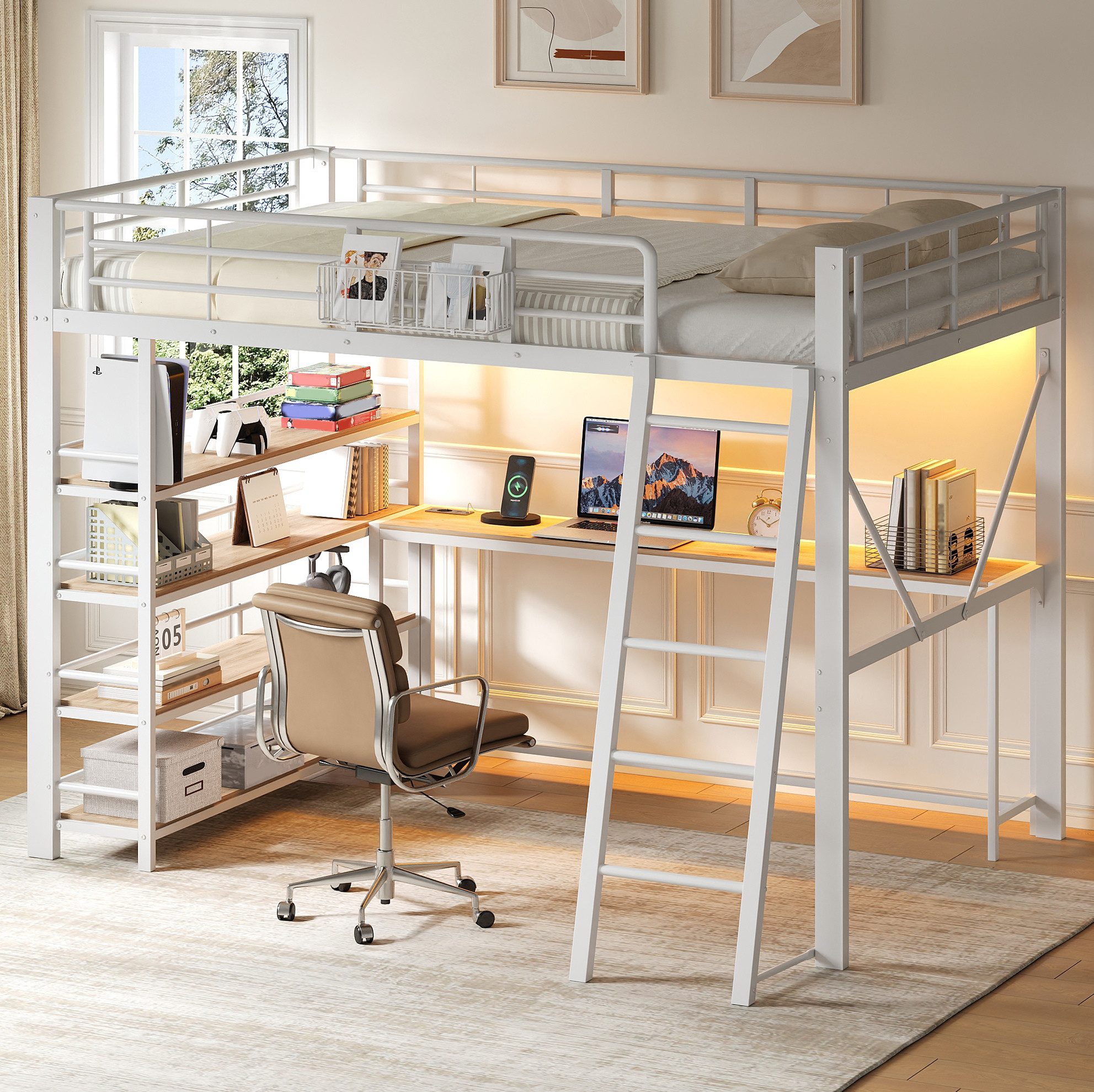 MODFU Hochbett Bett mit integriertem Tisch und praktischer USB Ladefunktion (Packung, 1-St., Erhöhtes Schlafbett mit Körben und flexiblen Staufächern) 140x200 cm Metallbett Aufbau Weiß mit LED Licht ohne Matratze