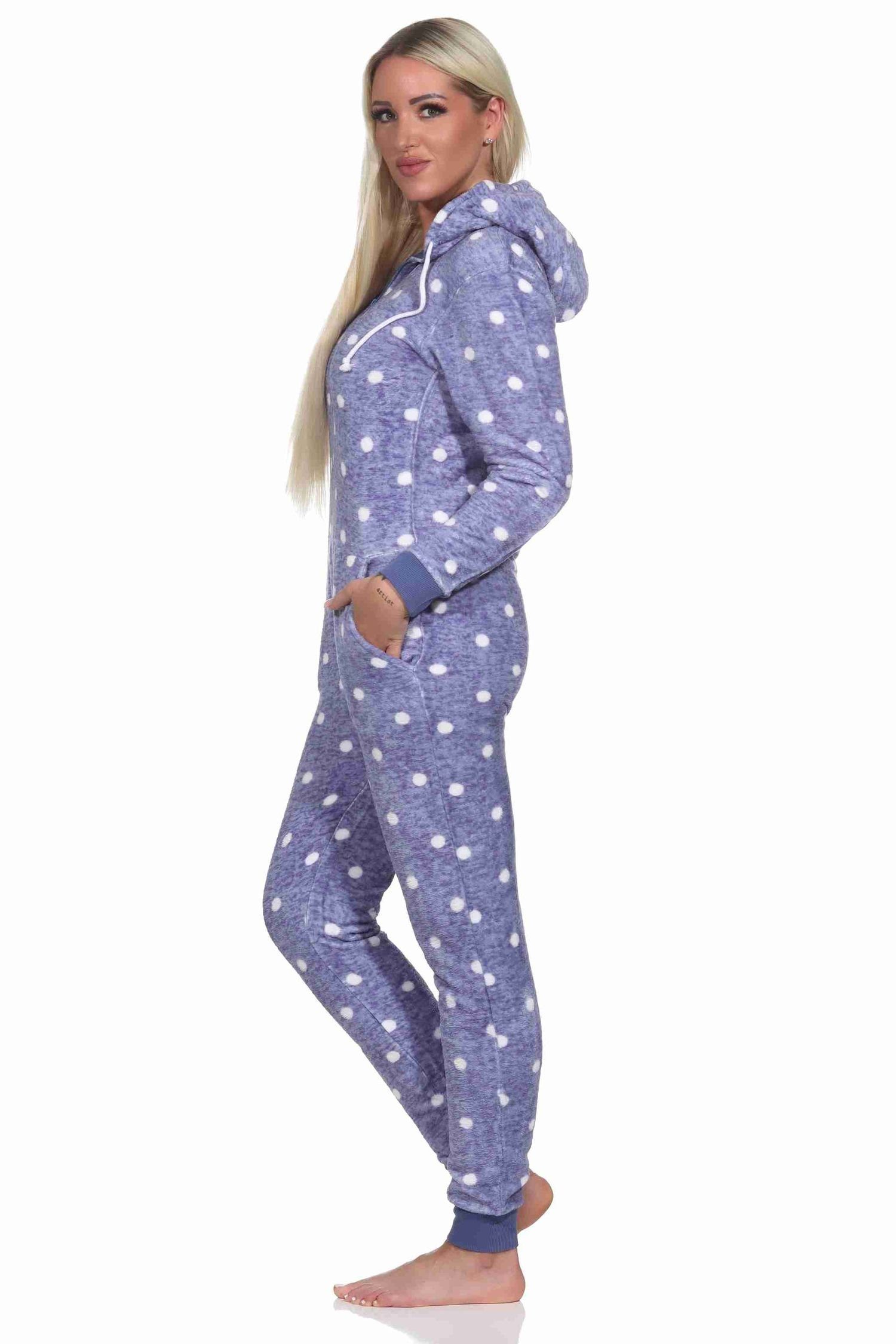 Punkte in Normann Pyjama Damen blau Schlafanzug Tupfen Kuschelig warmer Jumpsuit Optik