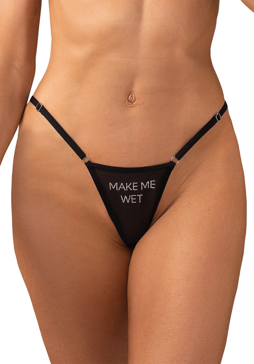 Obsessive String Transparenter String mit "Make me Wet" Schriftzug aus Strasssteinen - (1-St) mit funkelndem Strass-Schriftzug