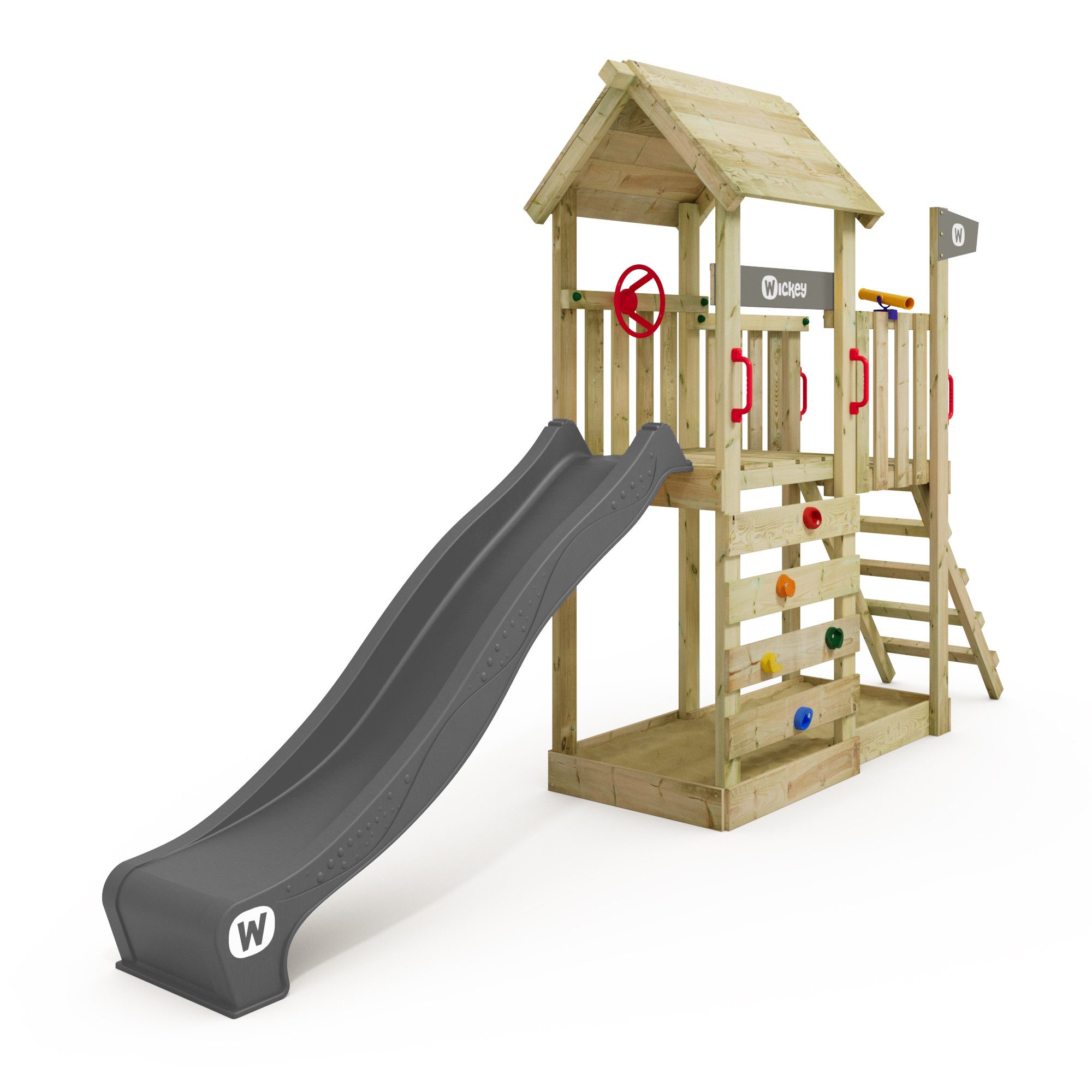 Wickey Spielturm JoyFlyer – Garten-Klettergerüst mit Wellenrutsche & Sandkasten, 10-Jahre Garantie*, Kletterwand mit Klettersteinen