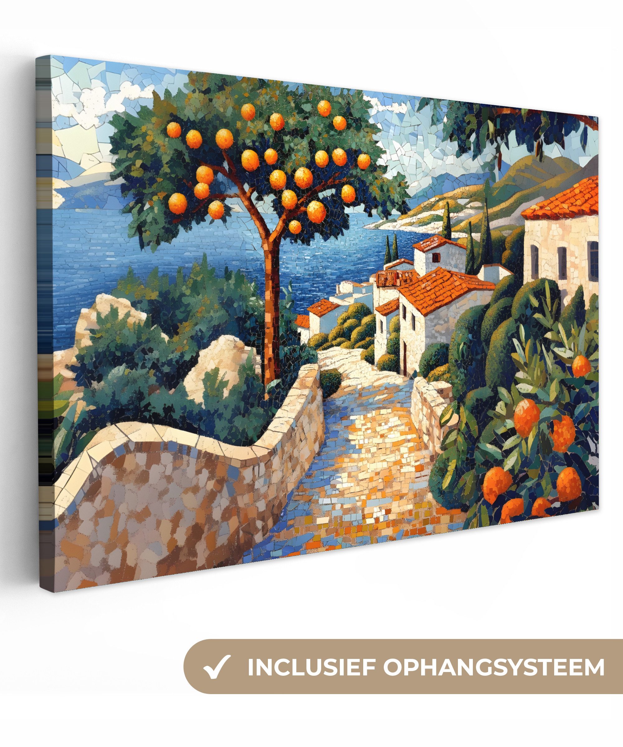 OneMillionCanvasses® Leinwandbild Häuser - Mosaik - Orangenbäume - Meer, Fotodruck (1 St), Leinwand Bilder Klein, Wand Dekoration Aesthetic 30x20 cm